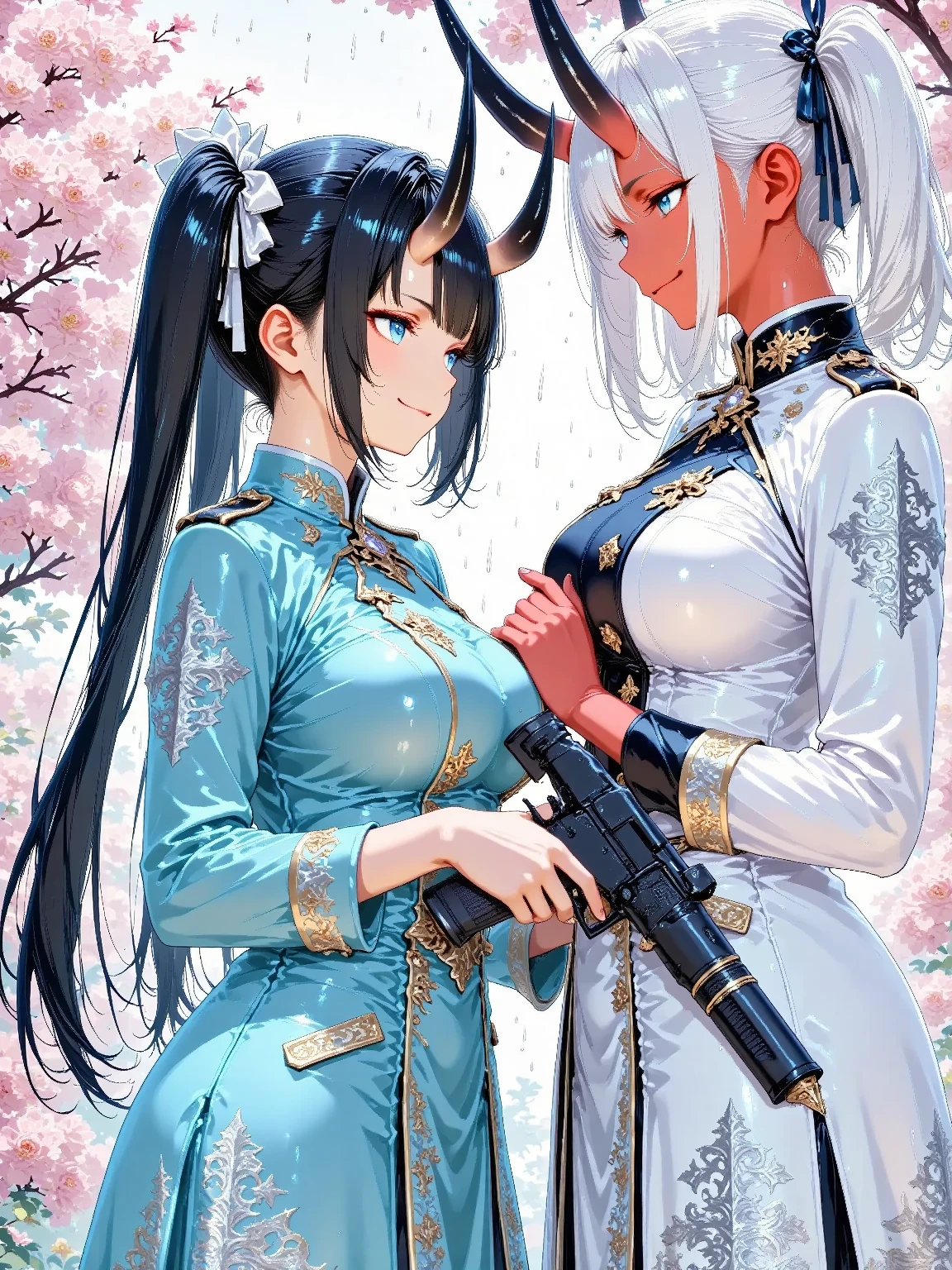 2 women,32 years old,Big breasts Thin waist,long leges,Raised sexy,Pornographic exposure, 独奏,Beauty contests,Stand side by side(Background with:the sea,snow mountains,warships,at winter season,Blizzarding,Big snowflakes)On battleships, with his long black hair,Long hair flutters in the wind,dynamicposes,Sweat profusely,drenched all over the body,seen from the front, hair straight, mostly cloudy sky,(((tmasterpiece),(Very detailed CG unity 8K wallpaper),best qualtiy,cinmatic lighting,detailed back ground,beatiful detailed eyes,Bright pupils,(Very fine and beautiful),(Beautiful and detailed eye description),Blue eyes,Redlip,ultra - detailed,tmasterpiece,)),facing at camera,(The upper part of the body),A high resolution,ultra - detailed),revealing breasts,Bare genitalia, Bulge,legs are open,sexyposture,Camel toes,Flushed complexion,Open-mouthed,frontage,Tsarist Russian officer,Officer's cap(Wearing:White cloak,down jacket,elementary student,Winter officer uniform,Sexy leggings,Armour,Gold wire embroidery,Snowflake decoration)