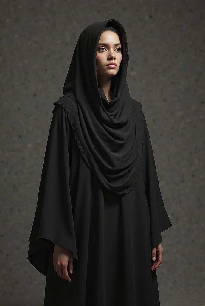 Black abaya, light brown veil, and black niqab