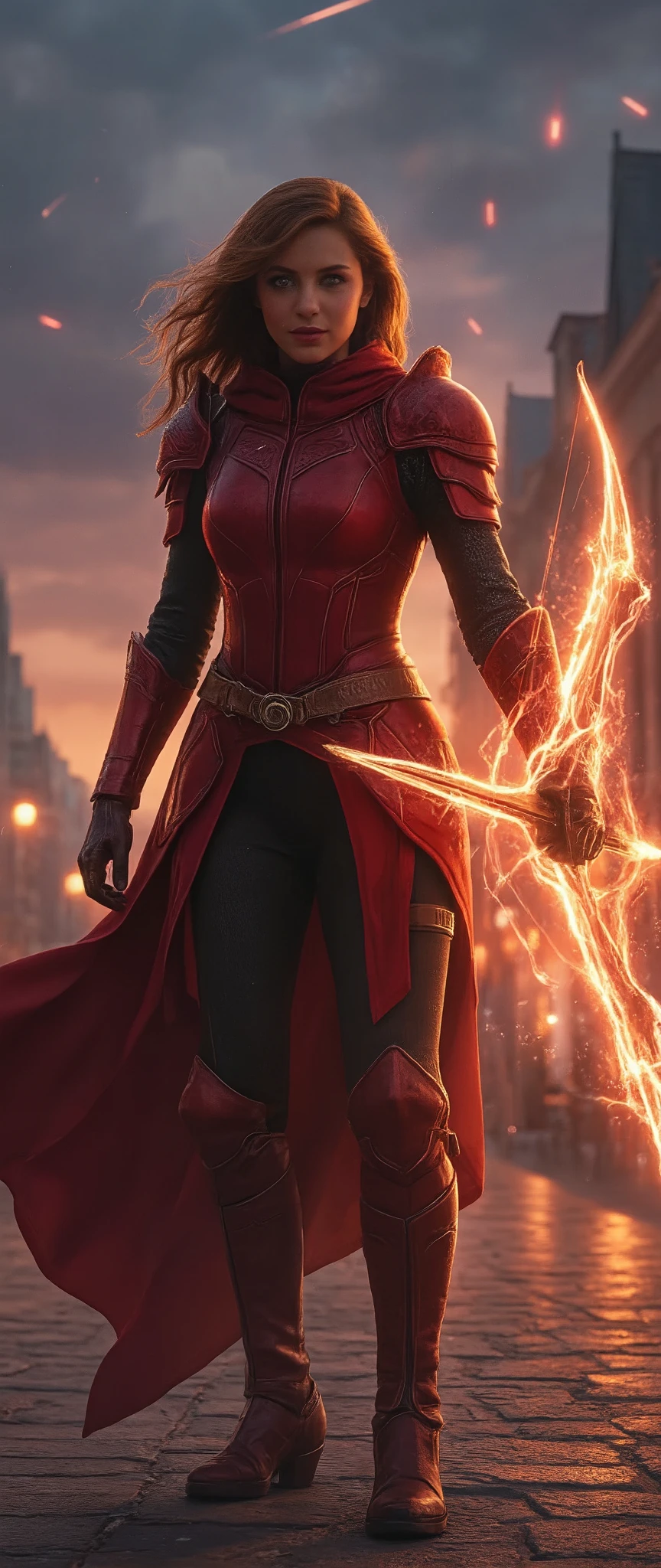(Representative works、4K resolution、Super Real、very detailed)、(『Knight of the Constellation』theme、Charisma、The Girl at the Top of the City、Sagittarius Knight in Red Armor and Black Outfit、She's a Superhuman Hero)、(20 years old)、(Long Chestnut Hair:1.2)、full body、(Knight Costume)、(battle pose)、Shoot Her Powers)、((European Urban Environment:0.8)|(cityscape、 night view、 DYNAMIC LIGHT )、(Meteor Shower))
