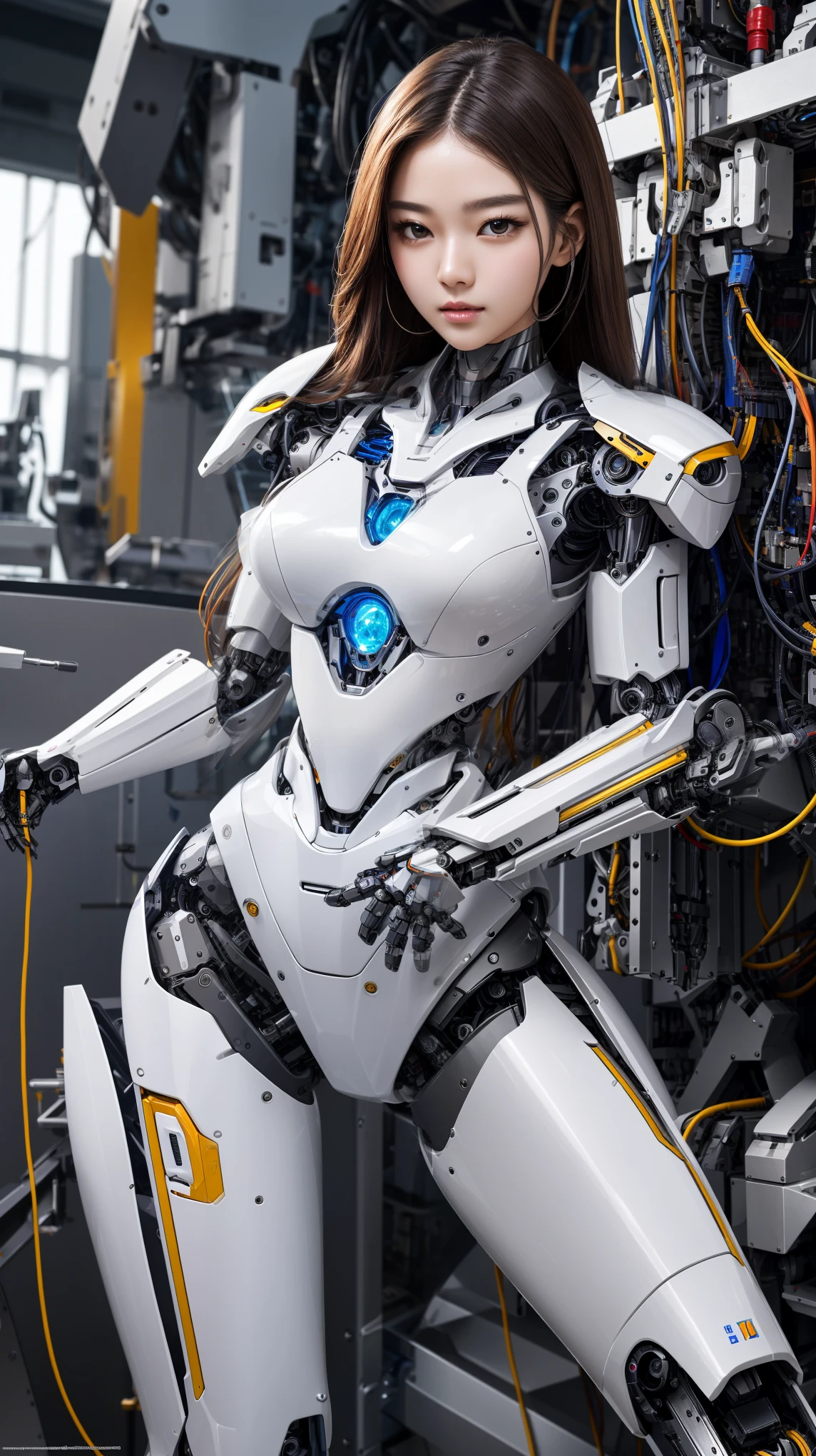 masterpiece, top Quality, High Quality, top resolution, high resolution, ultra detailed, high detailed, Beautiful robot woman, Beautiful white Silky smooth face, extraordinary korean idol face, mixed face, glossyWide mouth, long hair, robot armor, frame of perfect machine, complete parts, (machine parts), substrate wiring, robot long legs