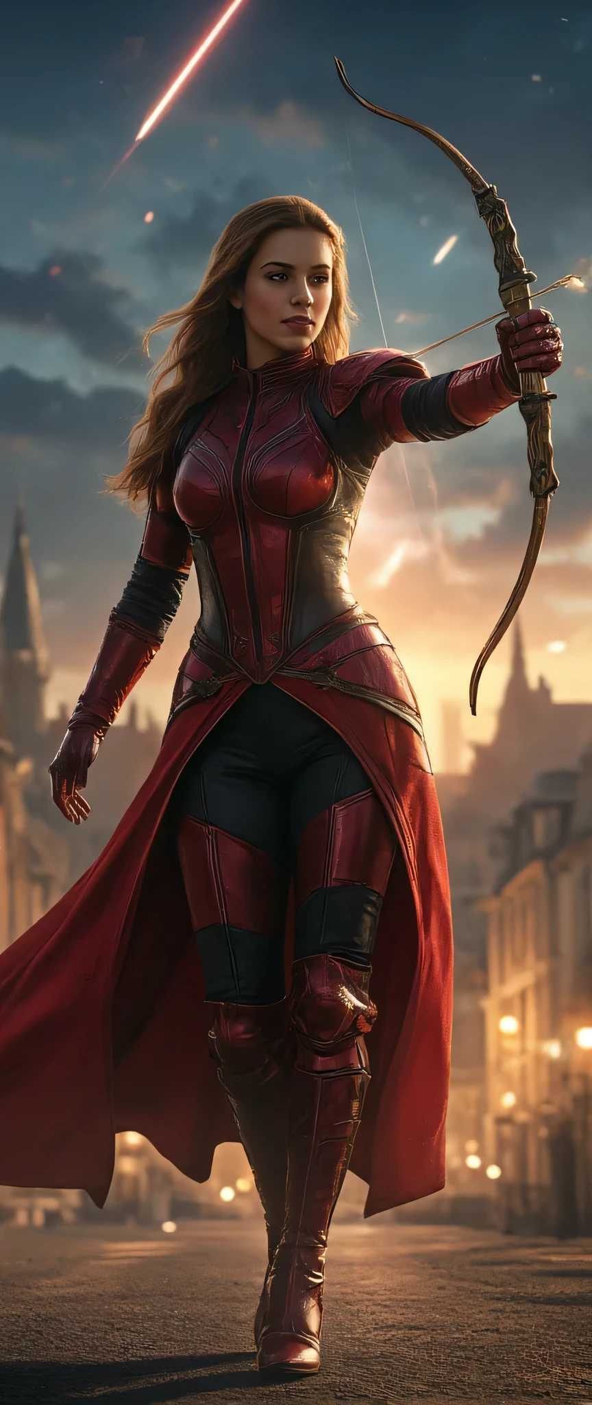 (Representative works、4K resolution、Super Real、very detailed)、(『Knight of the Constellation』theme、Charisma、The Girl at the Top of the City、Sagittarius Knight in Red Armor and Black Outfit、She's a Superhuman Hero)、(20 years old)、(Long Chestnut Hair:1.2)、full body、(Knight Costume)、(battle pose)、Shoot Her Powers)、((European Urban Environment:0.8)|(cityscape、 night view、 DYNAMIC LIGHT )、(Meteor Shower))