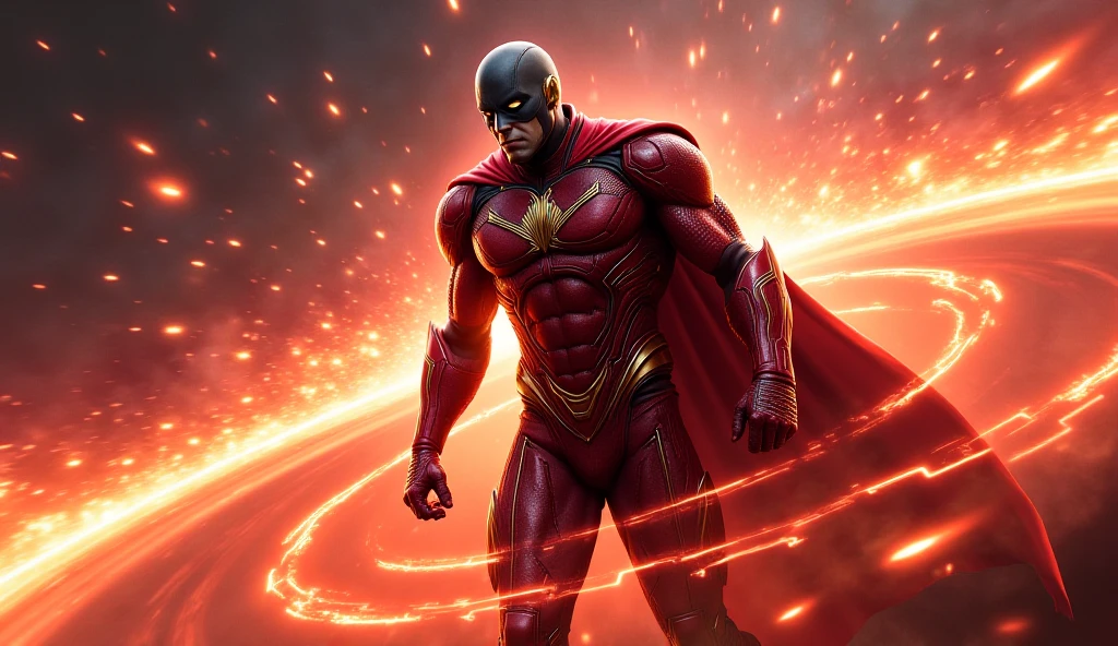 (best quality,4k,8k,highres,masterpiece:1.2),ultra-detailed,(realistic,photorealistic,photo-realistic:1.37),bright vibrant colors,studio lighting,physically-based rendering,pose:running,jumping,speed,crimson red,electric blue,reflective surfaces,shiny metallic texture,fluttering cape,superhero,intricate details,fierce expression,bold lines,action-packed,comic book style,mask:full-face coverage,sleek design,index finger pointing forward,sparkling lightning bolts,exaggerated muscle definition,sharp focus,high-tech,heroic stance,striking contrast,energy crackling,superhuman speed,heroic proportions,red and yellow lightning effects,explosive background,cityscape at night,energetic aura.