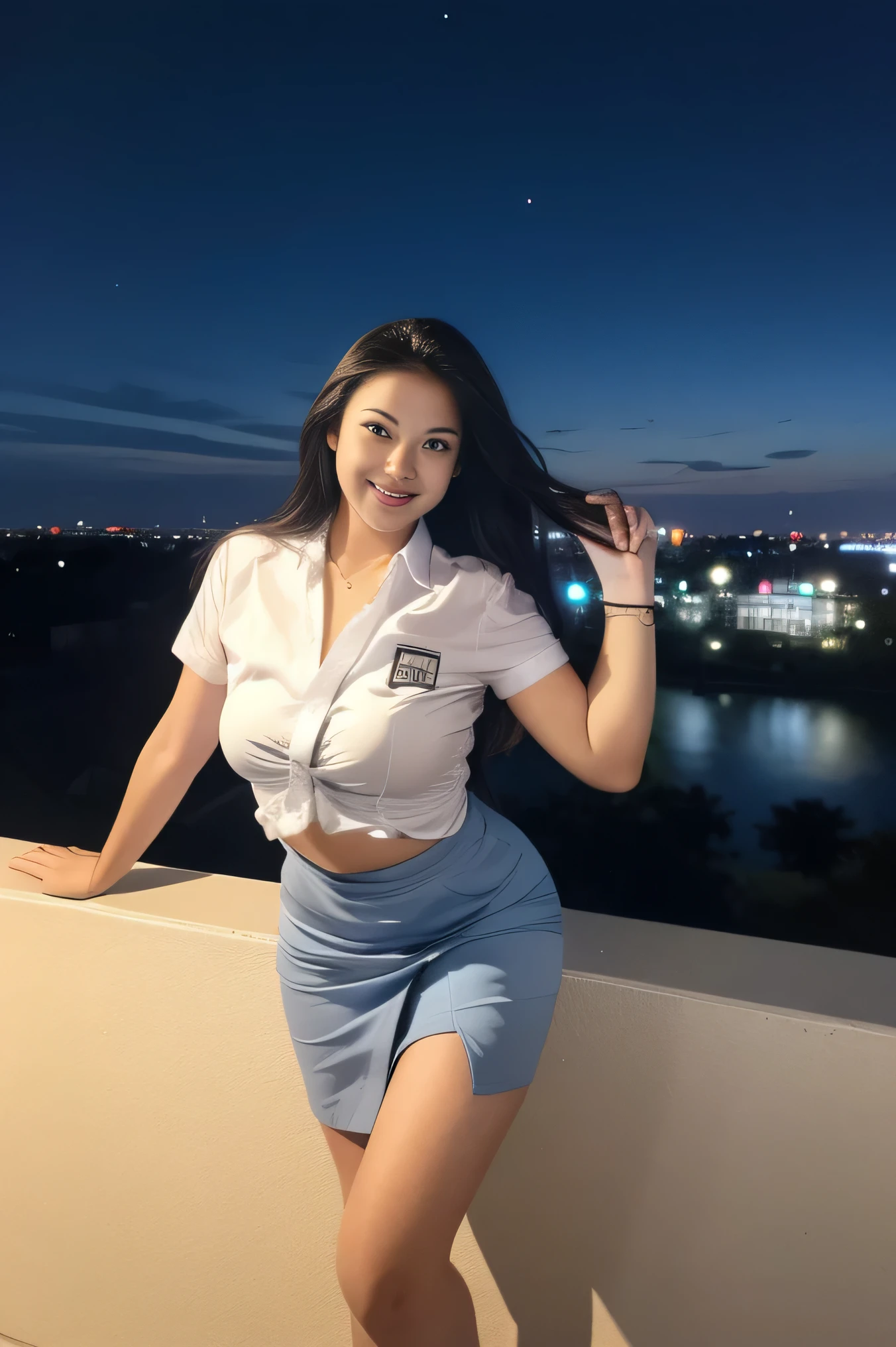 1girl, (uniform), standing, outdoors, night view, detailed Metropolitan city at the background, (Overhead view:1.2), (zoom out: 1.1), detailed face, cute little smile, detailed eyes, thick large breasts, smooth realistic skin, semi-curvy body, white shirt, grey blue short skirt, looking at the audience, (8k, RAW photo, best quality, masterpiece: 1.2), (realistic, realistic: 1.37), ultra-high resolution