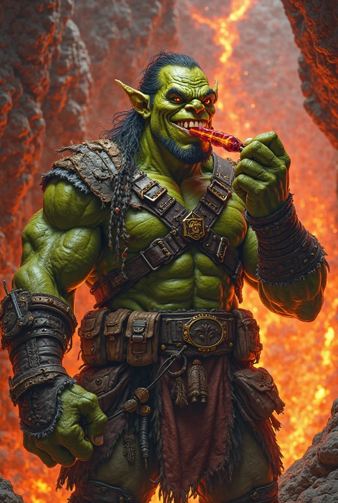 Make a green-skinned orc with long hair and a beard and saber teeth who is a heavy metal fan with a leather vest and is muscular and a little overweight and loves cigars and knives. 