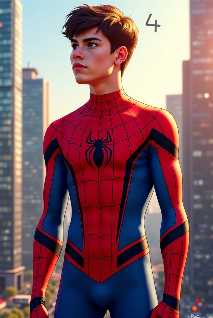 Create a handsome guy around 2 who has black hair, blue eyes and wearing a tight spiderman suit