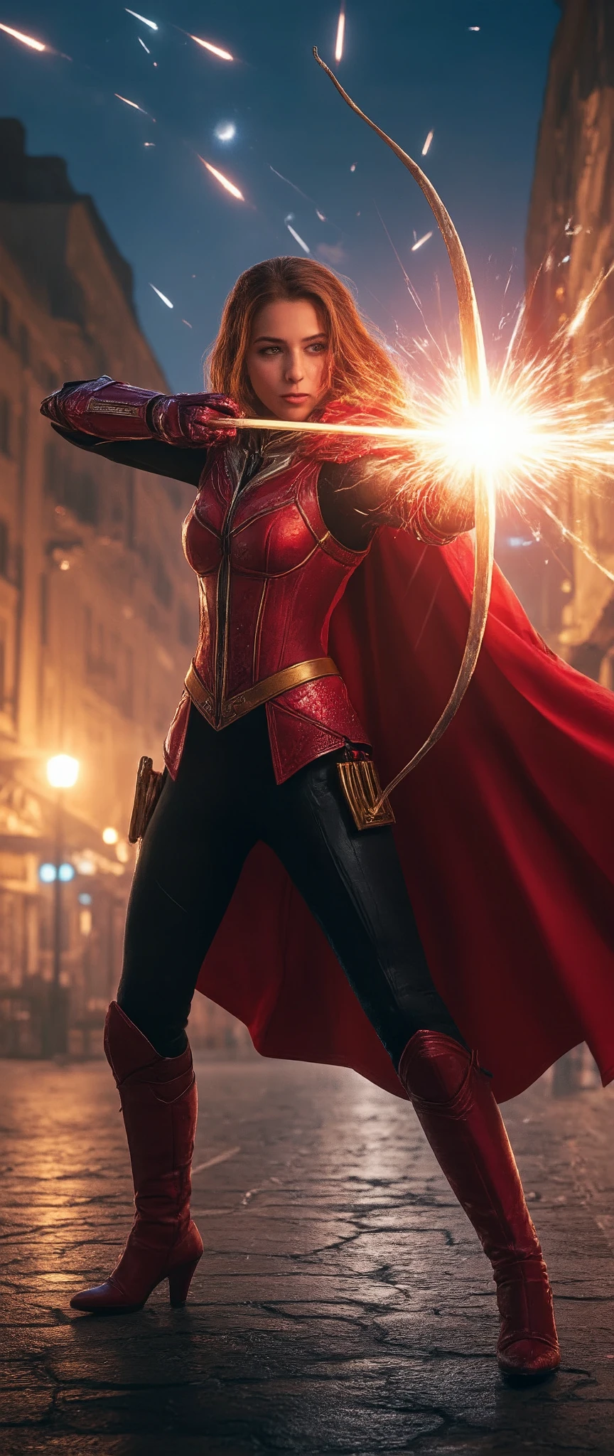 (Representative works、4K resolution、Super Real、very detailed)、(『Knight of the Constellation』theme、Charisma、The Girl at the Top of the City、Sagittarius Knight in Red Armor and Black Outfit、She's a Superhuman Hero)、(20 years old)、(Long Chestnut Hair:1.2)、full body、(Knight Costume)、(battle pose)、Shoot Her Powers)、((European Urban Environment:0.8)|(cityscape、 night view、 DYNAMIC LIGHT )、(Meteor Shower))