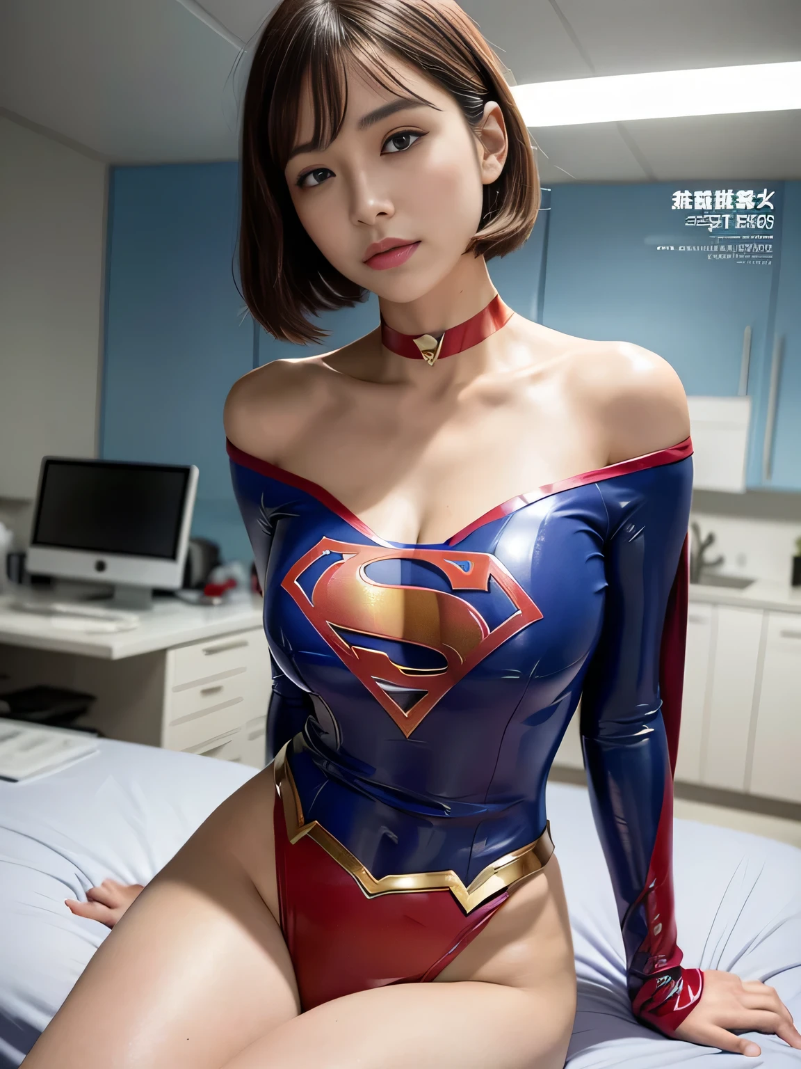 masterpiece、supergirl costume、short hair、barefoot、big and full breasts、test subject、operating room、operating table、Crisis situation、straddle、flowing sweat、shiny、look at the camera、sense of abuse、Estrus、choker、Weekly magazine cover、long sleeve、red mini skirt、obscene pose、Seduce、humiliating、hindrance、