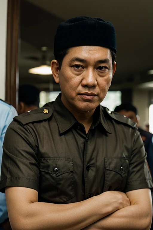 Indonesian Muslim man, aged 50 years or over, wrinkled brown skin, wearing a formal white jacket with the nuances of an Indonesian president, wearing a black songko, tall, slightly large nose, clear black eyes, slightly thick lips, realistic HD quality image.