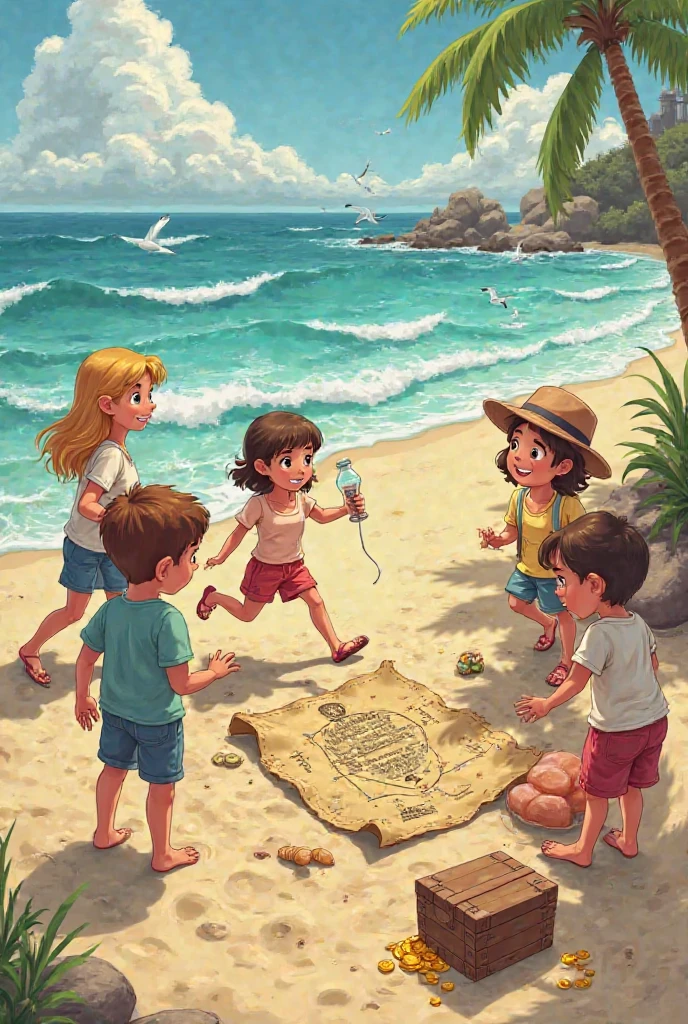 A Post for a children's storybook, On a Sunny Summer Morning two 6-year-olds a girl and a boy were playing on the beach when they find a Mysterious pirate chest with a map and are surprised by the adventure they are about to live --auto