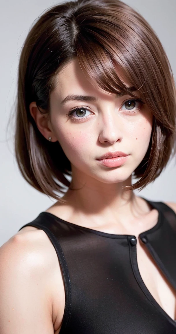 Portrait of Sophie Mudd, she with white shirt posing for a picture, center parted brown hair, coiffed brown hair, natural brown hair, very short hair