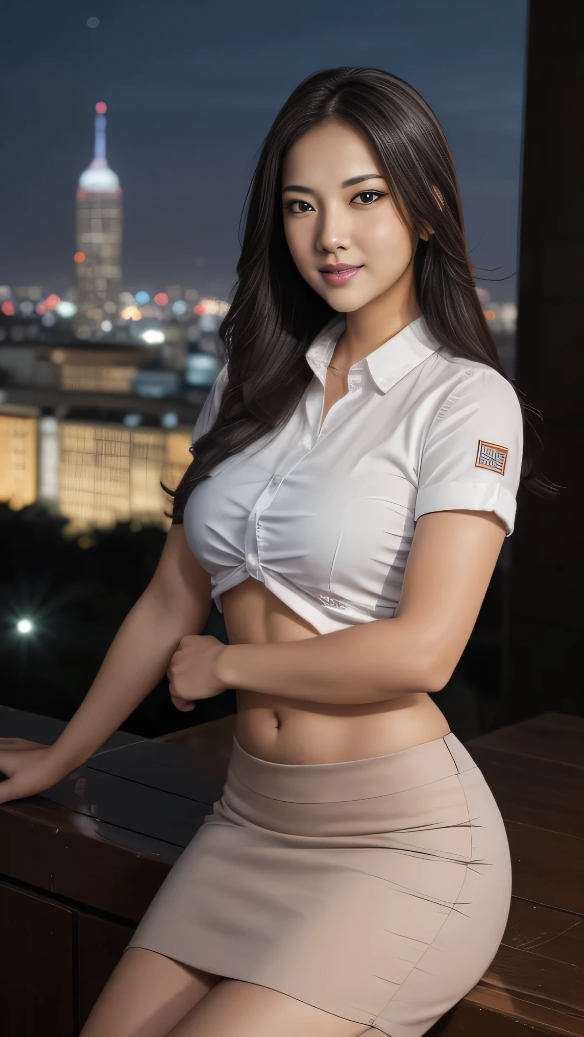 1girl, 1 girl, (uniform), standing, outdoors, night view, detailed Metropolitan city at the background, (Overhead view:1.35), (zoom out: 1.1), detailed face, cute little smile, detailed eyes, medium thick breasts, six pack abs, smooth realistic skin, semi-curvy body, white shirt, grey blue short skirt, looking at the audience, (8k, RAW photo, best quality, masterpiece: 1.3), (realistic, realistic: 1.37), ultra-high resolution