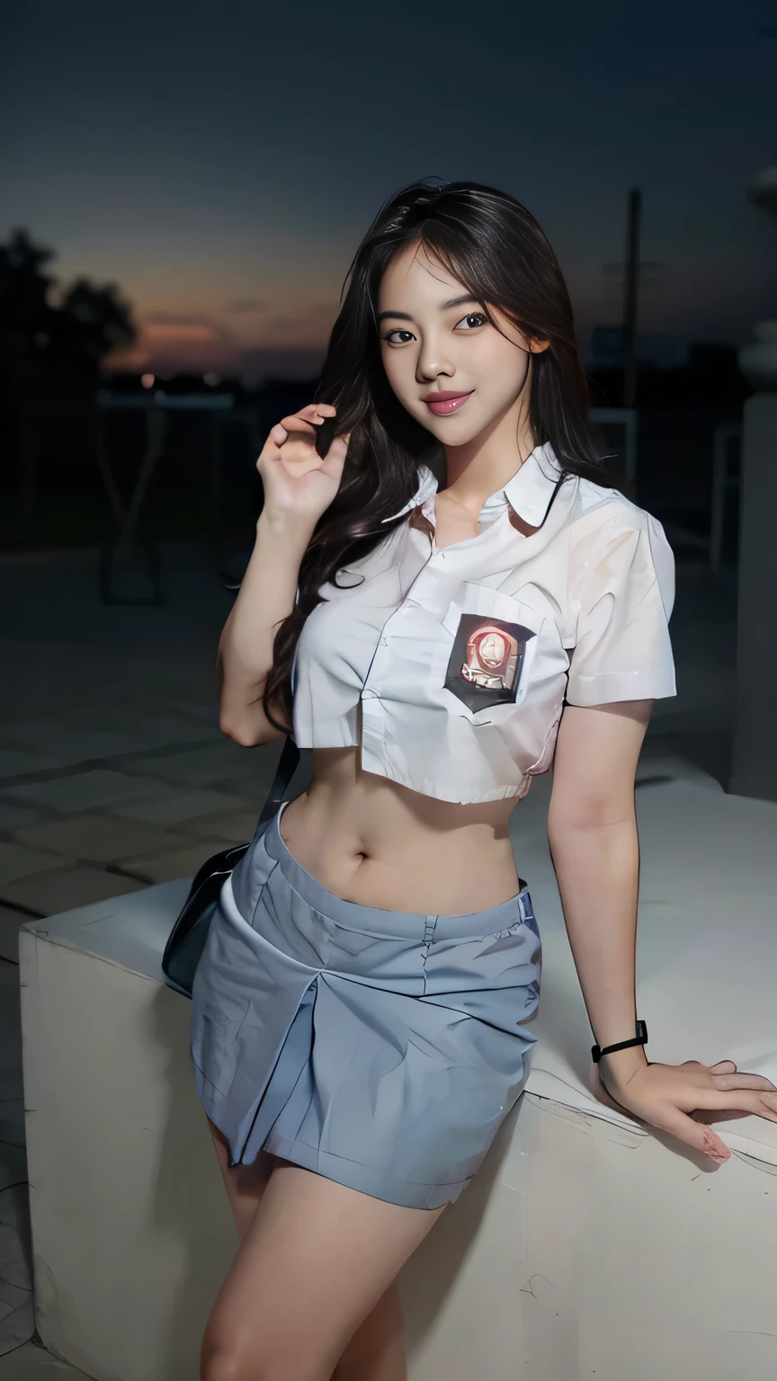1girl, 1 girl, (uniform), standing, outdoors, night view, detailed Metropolitan city at the background, (Overhead view:1.35), (zoom out: 1.3), detailed face, cute little smile, detailed eyes, medium thick breasts, six pack abs, smooth realistic skin, semi-curvy body, white shirt, grey blue short skirt, looking at the audience, (8k, RAW photo, best quality, masterpiece: 1.3), (realistic, realistic: 1.37), ultra-high resolution