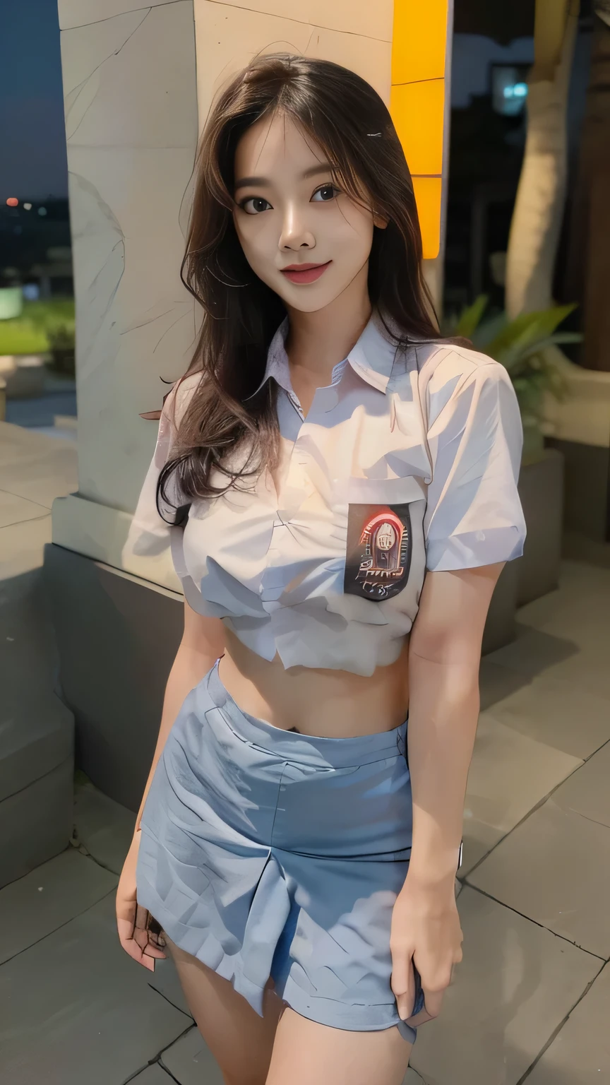 1girl, 1 girl, (uniform), standing, outdoors, night view, detailed Metropolitan city at the background, (Overhead view:1.35), (zoom out: 1.3), detailed face, cute little smile, detailed eyes, medium thick breasts, six pack abs, smooth realistic skin, semi-curvy body, white shirt, grey blue short skirt, looking at the audience, (8k, RAW photo, best quality, masterpiece: 1.3), (realistic, realistic: 1.37), ultra-high resolution