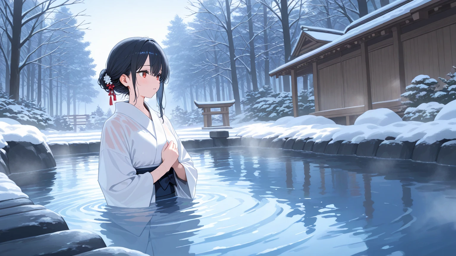 Beautiful and cute girl,hot onsen,weeping,SakuraNS,snow mountains