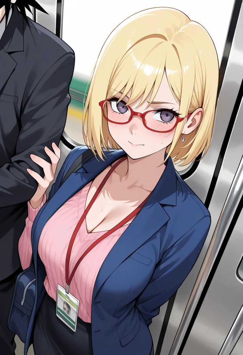 Crowded train, with glasses, Handsome man hugs her from behind、Talking in your ear, lifting her, white mini skirt swinging upwards, 40k, Photography, masutepiece, Best Quality, Dark gray background, (1 girl with blue eyes and blonde hair curls quickly and spreads her legs wide open, (round swinging sexy miniskirt: 1.3), (White open shirt: 1.3), older man leaning against her from behind picking her up, Poses variadas.