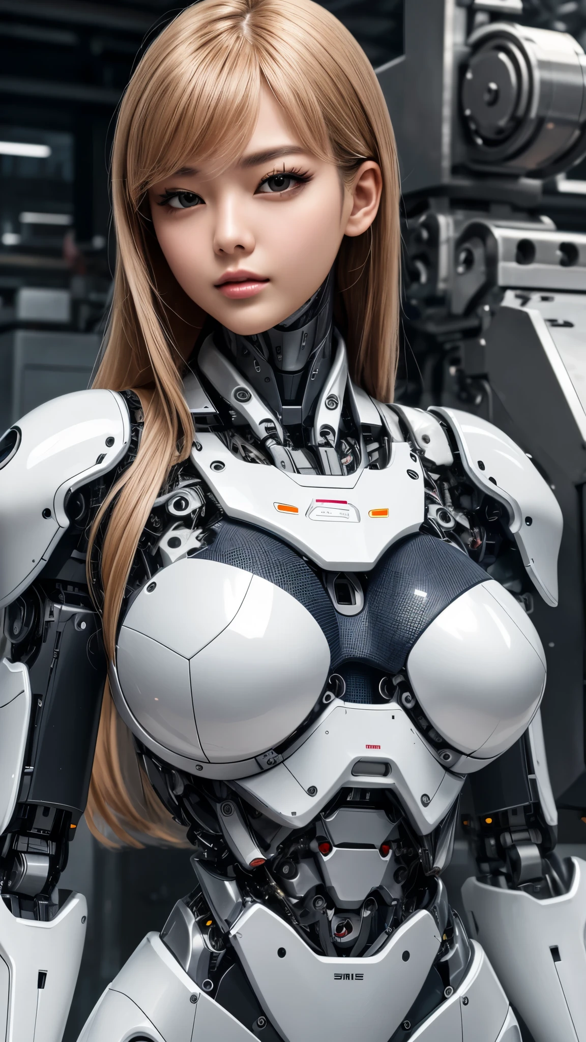 masterpiece, top Quality, High Quality, top resolution, high resolution, ultra detailed, high detailed, Beautiful robot woman, (Beautiful white Silky smooth face), extraordinary korean idol and mixed face, Beautiful oval round Curvy face, (perfect proportion symmetry face), glossy Wide mouth, long hair, robot armor, frame of perfect machine, complete parts, (machine parts), substrate wiring, robot long legs, upper body