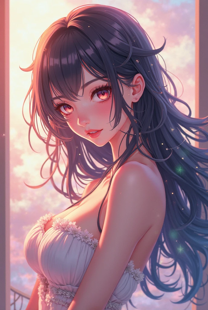 (best quality, ultra-detailed, photorealistic: 1.39), bright and vibrant colors, studio lighting, romantic expression, An effeminate girl, with a delicate and beautiful face. She is a girl who reflects seductive beauty, sparkling eyes, A beautiful adult woman beautiful and voluminous curly black hair, hair clip, crying a seductive 2 woman with big breasts seduces, with her large breasts seduces, Turtleneck sweater, white wool, sleeveless, beautiful sweater dress,, with beautiful legs, ankle boots, with her blue eyes that matches her soft smile, in a beautiful pose demonstrating her seduction on the in the park at night, beautiful event decoration with lights and fireworks, night with soft lighting, anime style, like a manwha character