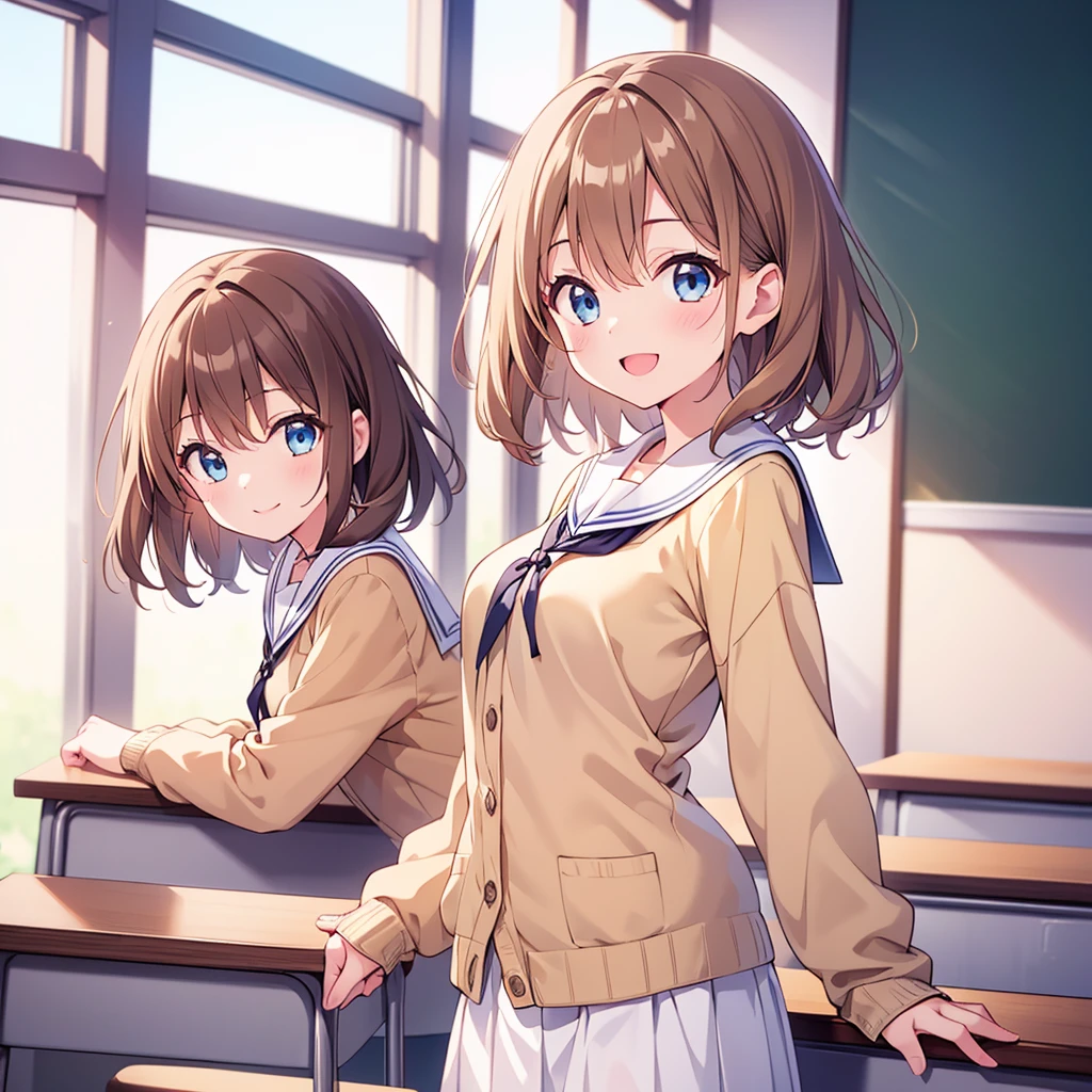 (8k、best image quality、Top Quality、masterpiece)、Detailed Faces、 1 girl 、Light brown、 medium hair、light blue eyes、 Smile、small breasts in Mbini、sailor suit、Light brown cardigan、cowboy shot、classroom background