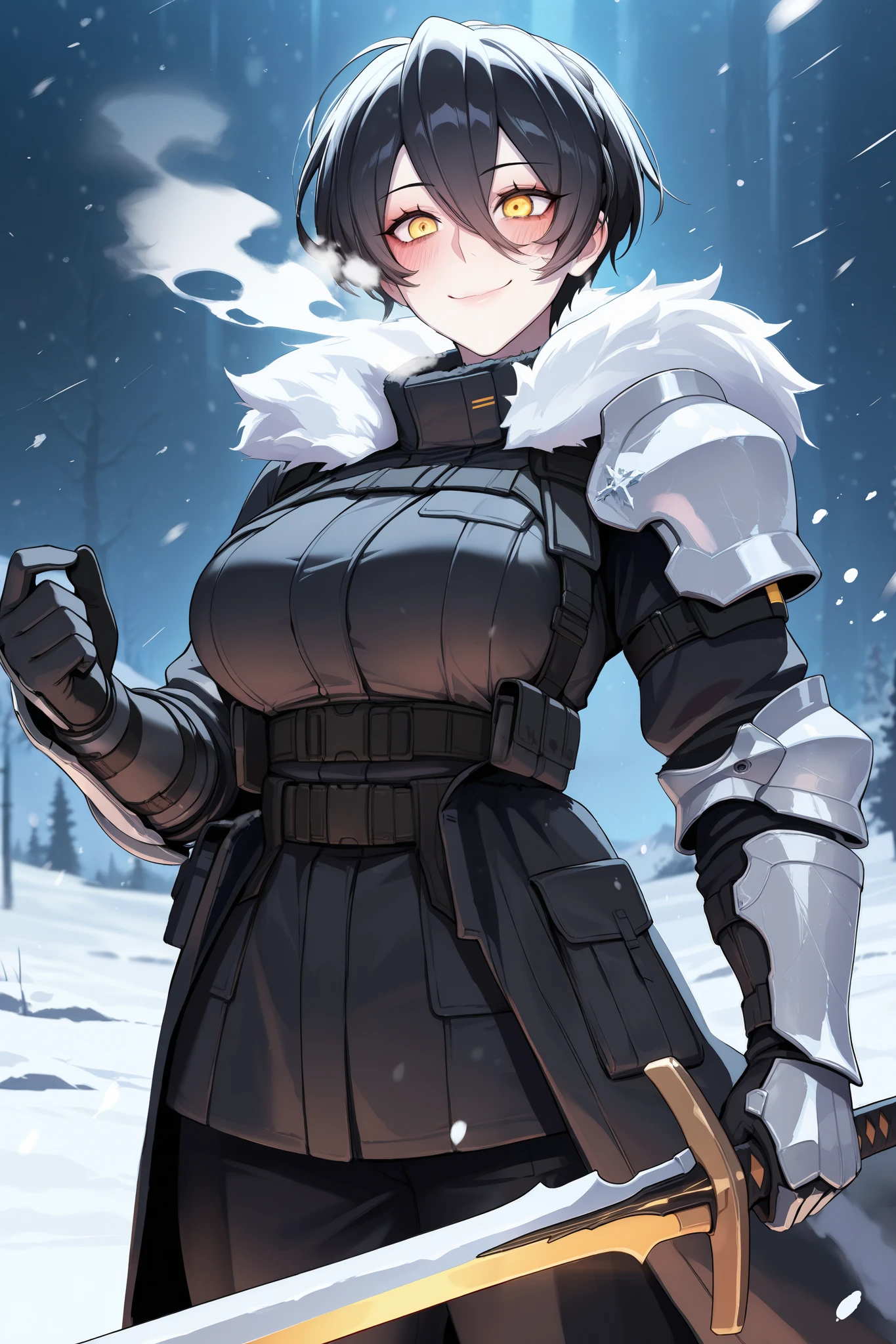 absurdres, (((Ultra HD))), (((Ultra High Quality))), ((hyper detailed)), ((Ultra High Resolution)), (Highly rendered), ((detailed eyes)), (((8K))), ((perfect face)), ((masterpiece)), cinematic, darkened, solo, 1girl, tall, black hair, pixie cut, smile, blush, yellow eyes, medium breasts, tactical clothes, black trench coat, fur collar, shoulder armor, gauntlets, sword, holding sword, snow, Arctic region, nighttime, moonlight, snowing, heavy snow, blizzard, frost over clothes, cold breath