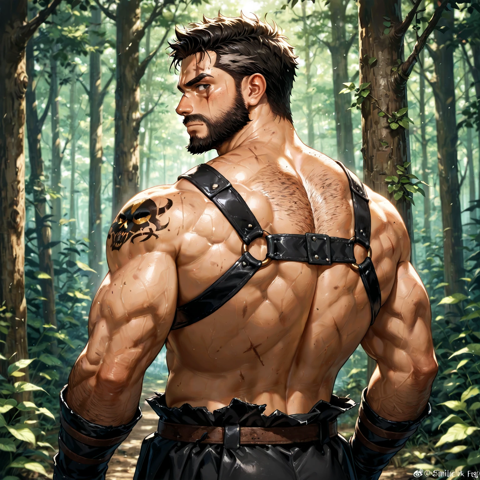 flynn rider from tangled, detailed facial features, wearing a cloth vest but no pants, wearing a jockstrap underwear string, and big legs, hairy arms, jungle background with a tower , leaning over with a thick hairy round massive giant backside rear end, wearing underwear posing