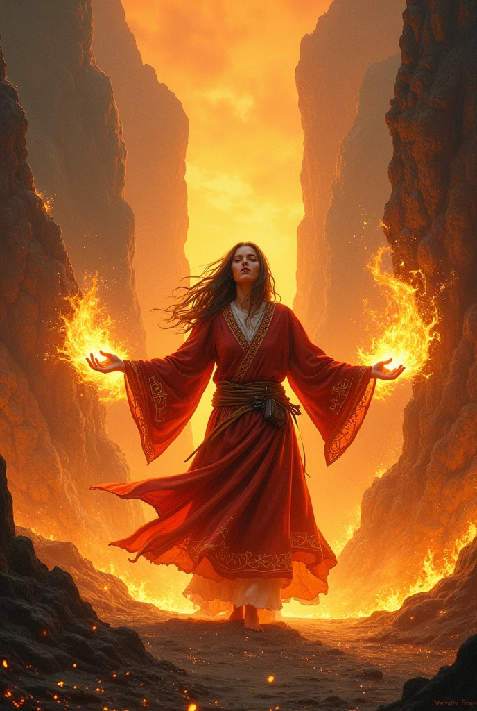 (Highest quality, masterpiece),  (One person, alone,Brown robes, expression, avert your eyes, Sitting, Wide sleeves, Iris, Mouth closed, Ribbon-shaped fire on head, Long Hair, Cowboy Shot), (Monochrome, Night sky at the cave entrance , Light rising from below, Inside the cave, A bunch of glowing white particles floating, Burning fire at hand, Many small fires are floating),