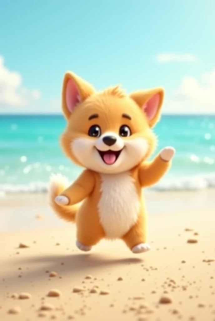A small Akita dog standing facing forward with its front legs raised。
Big eyes with a cute, human-like expression。Slightly larger head than body。limbs are short。A fluffy, large tail。
Wearing a swimsuit and swim ring。Glossy texture。
The background is the seaside