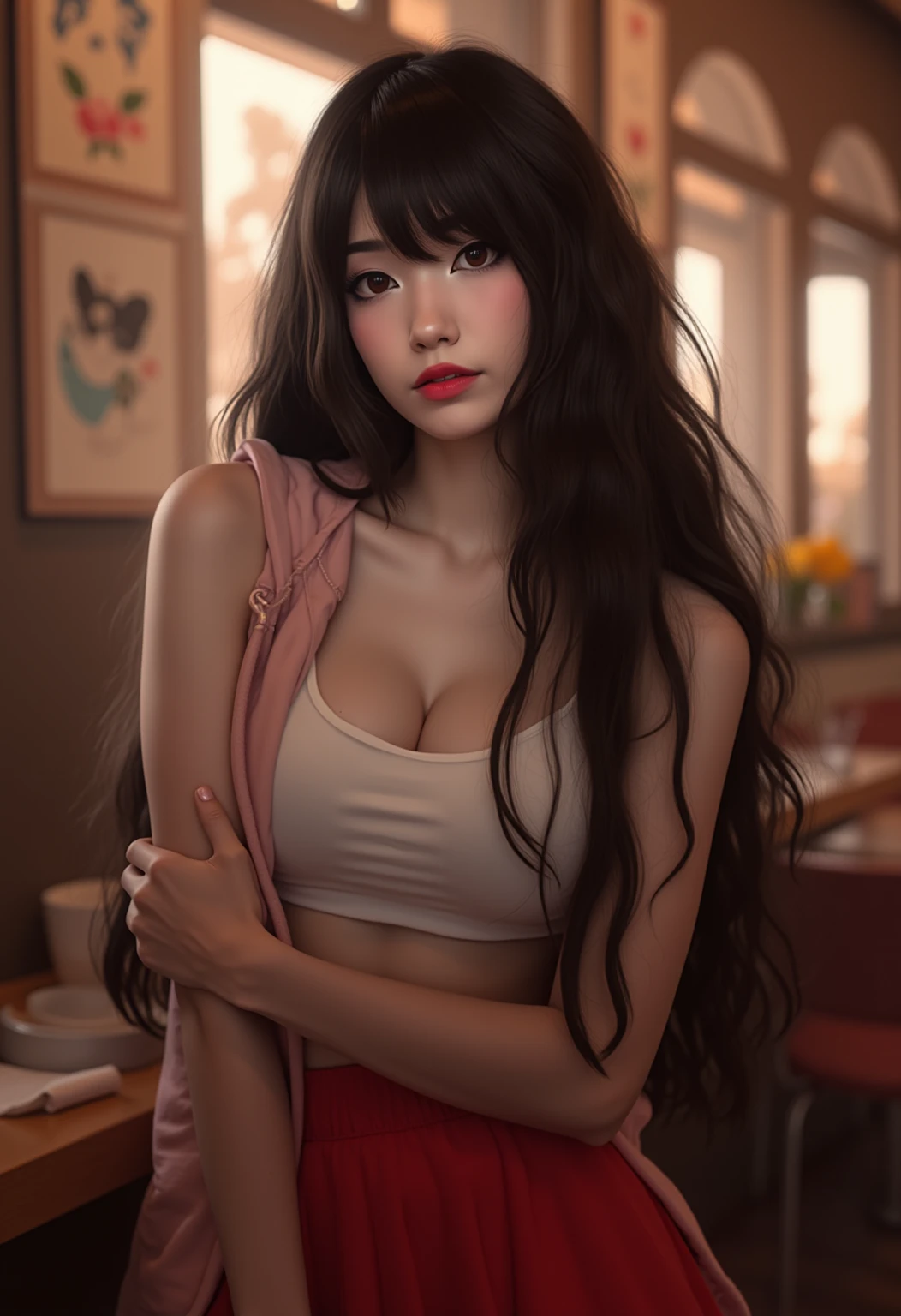 (pubic hair, wearing nothing, age 23:1.45), (masterpiece:1.2), (best quality:1.2), (extremely detailed:1.2), (extremely detailed face), (photorealistic:1.2), (ultra detailed), (Hmong|Filipina|blasian woman:1.2), (Long_straight_hair:1.45), detailed eyes, open mouth, (smile:0.8), (serving drinks in fastfood:1.3), looking at viewer, (skin tanning:1.2), shiny skin, (smiling:1.1), (pink hair:0.8),