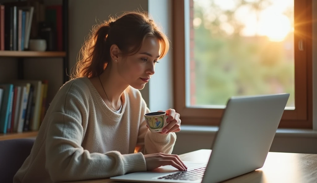 apartment, girl 25 years old, spills a cup of tea on the laptop