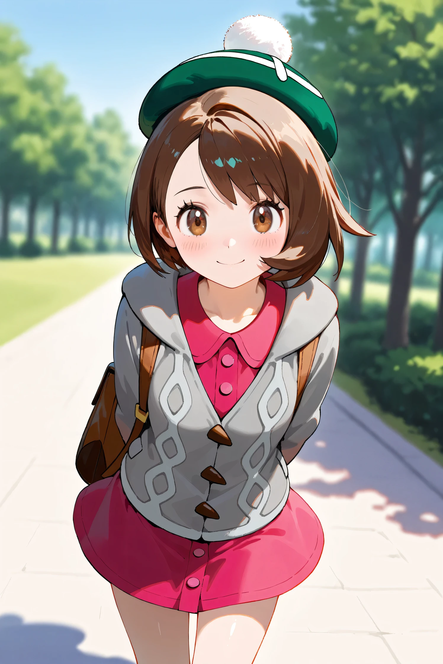 (Masterpiece), (Highest quality), (Very detailed), 
(The best shape), (Best Shadow), (Absurd), 
(Detailed background), (So beautiful), Shiny , 
Beautiful eyes in every detail, Extraordinary, Countershading, 8k, 32K, High resolution, 
Very Detailed CG, UHD,

Score_9, Score_8_up, Score_7_up, Source_anime, 
(Pastel painting:1.2), (Watercolor painting:1.2),
(Masterpiece, Detailed:1.2), (Foreshortening:1.2),

Cinematic, Dramatic, (Depth of field:1.4),
(Blurry background:1.4), (Realistic background:1.4),
(Foreshortening:1.3),Dynamic angle, dynamic pose,
1 girl,
Outdoor, Nature, Park, Wind, blue sky,

Pokémon,
gloria, gloria (pokemon), short hair, bangs, brown hair, brown eyes, eyelashes, bob cut,

hat, dress, buttons, cardigan, pink dress, green headwear, collared dress, cable knit, grey cardigan, tam o' shanter, hooded cardigan,

cowboy shot, Focus on face,
(Blush:1.3), smile, happy, joyful,
Shiny skin,