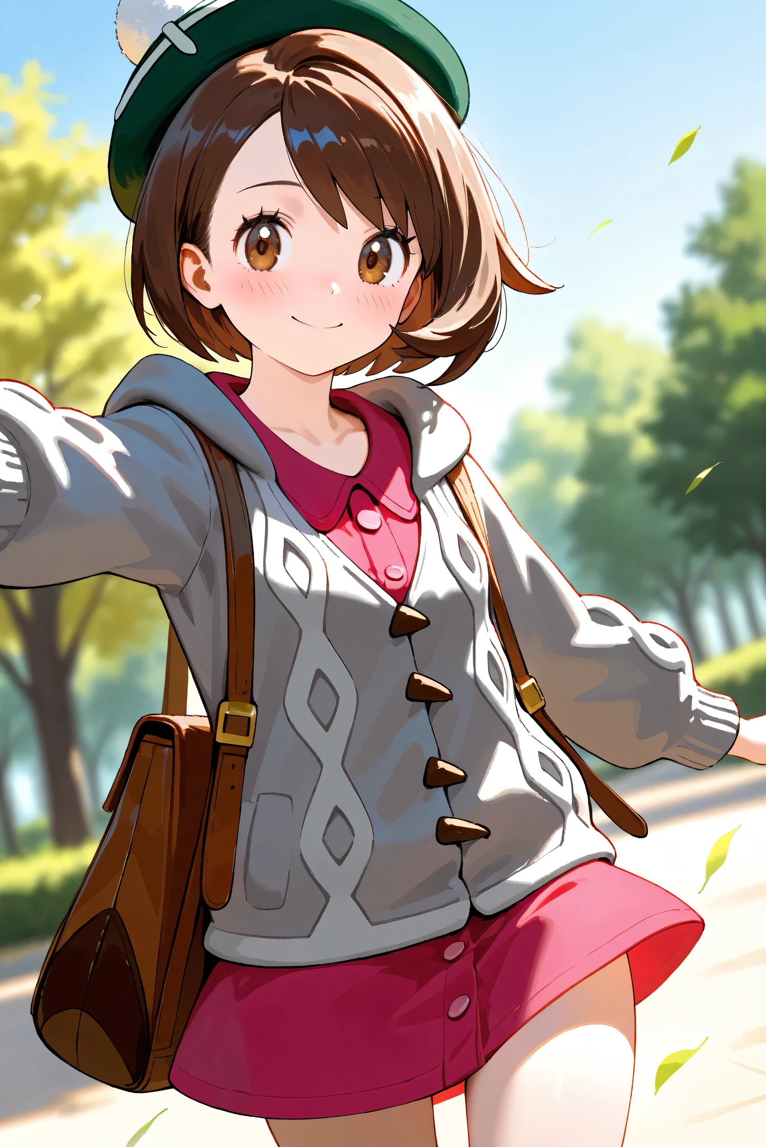 (Masterpiece), (Highest quality), (Very detailed),
(The best shape), (Best Shadow), (Absurd),
(Detailed background), (So beautiful), Shiny ,
Beautiful eyes in every detail, Extraordinary, Countershading, 8k, 32K, High resolution,
Very Detailed CG, UHD,
Score_9, Score_8_up, Score_7_up, Source_anime,
(Pastel painting:1.2), (Watercolor painting:1.2),
(Masterpiece, Detailed:1.2), (Foreshortening:1.2),
Cinematic, Dramatic, (Depth of field:1.4),
(Blurry background:1.4), (Realistic background:1.4),
(Foreshortening:1.3),Dynamic angle, dynamic pose,
1 girl,
Outdoor, Nature, Park, Wind, blue sky,
Pokémon,
gloria, gloria (pokemon), short hair, bangs, brown hair, brown eyes, eyelashes, bob cut,
hat, dress, buttons, cardigan, pink dress, green headwear, collared dress, cable knit, grey cardigan, tam o' shanter, hooded cardigan,
cowboy shot, Focus on face,
(Blush:1.3), smile, happy, joyful,
Shiny skin,