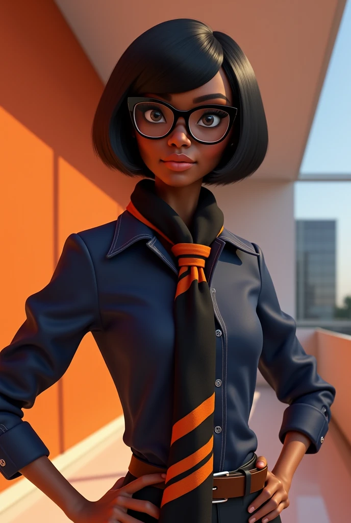 Edna Moda, just like the movie The Incredibles, with black boy scout scarf with orange stripes and navy blue shirt
