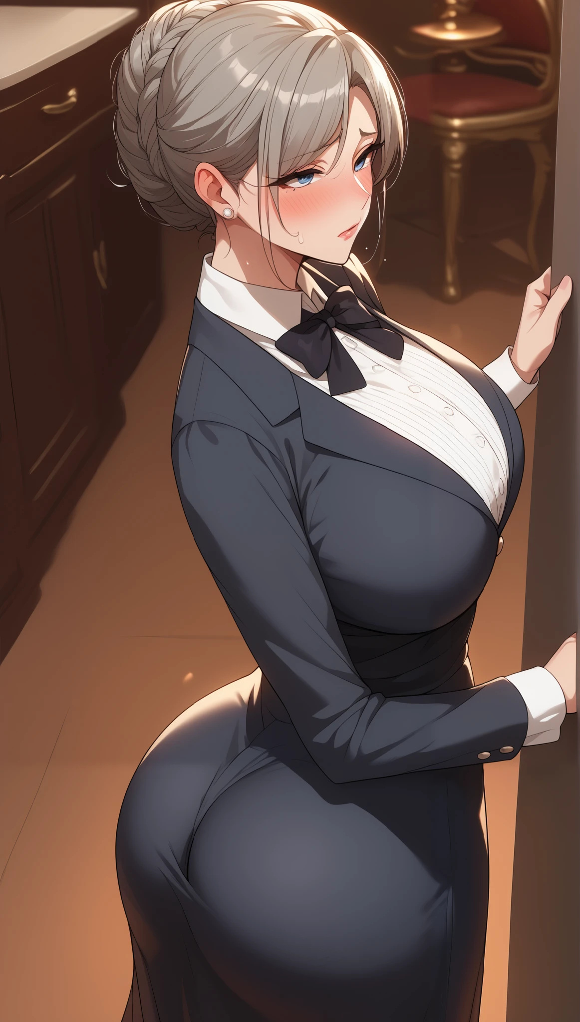 score_9, score_8_up, score_7_up, score_6_up, score_5_up, score_4_up, source_Anime, tag1, tag2, 最 High Quality , High Quality , Details, high definition , 8k, Ultra High Resolution, soft saturation, professional quality , perfect contrast , perfect little, Anatomically Accurate , Big Breasts, Wide Hips, huge ass, Sensual Woman , mature woman, Mature Woman, gray hair, maternal, Embarrassing , shy, leaning against a backrest from a fascinating high angle, lies, Underbutt, 50 years, mature, blushing, victorian dress, victorian office background,