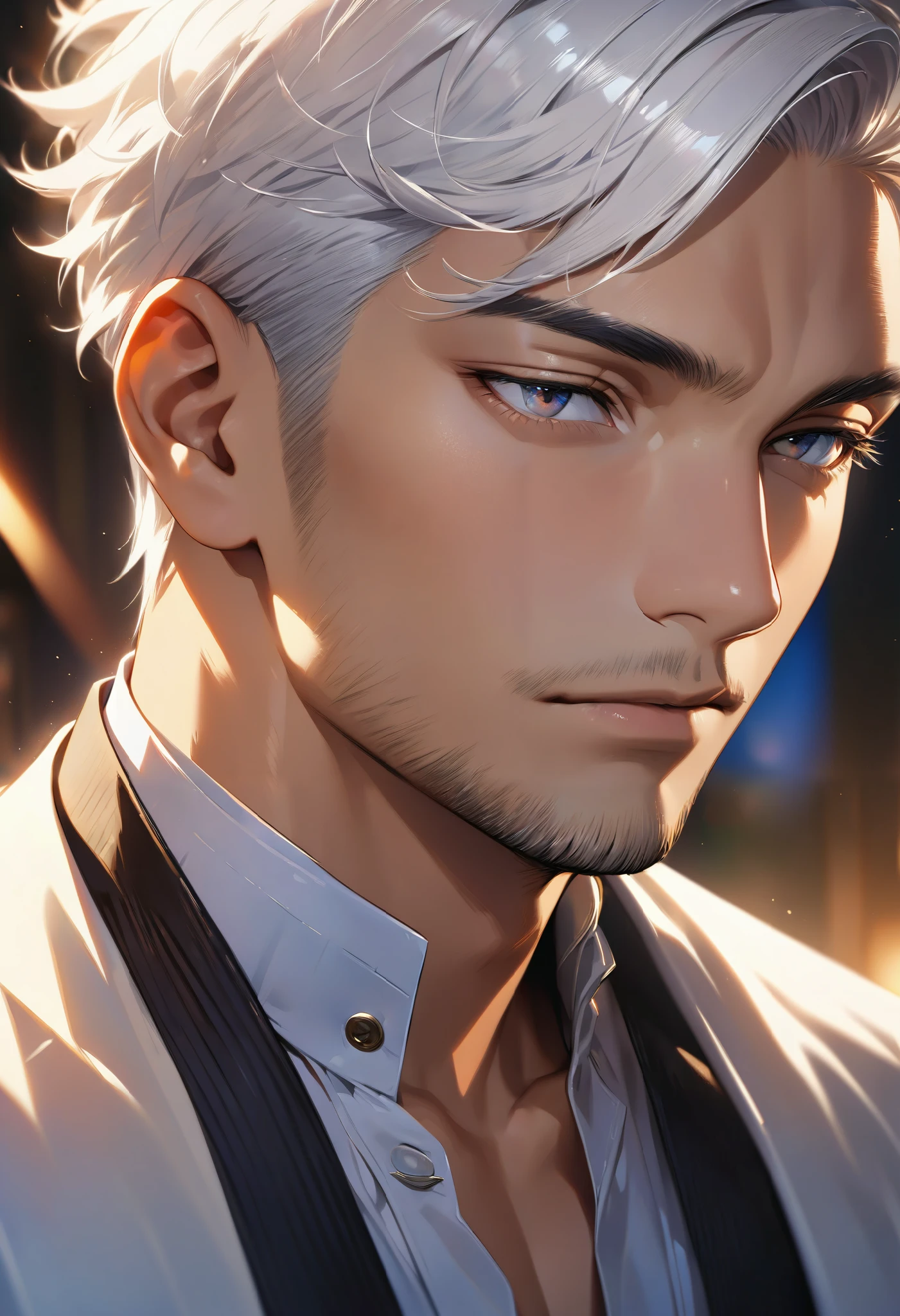 ultra detailed, absolutely resolution, masterpiece, highly detailed, sharp focus, vivid colors, soft lighting, cinematic composition, close-up of a tanned, handsome, cool man, stylishly dressed, short white hair, short beard, sharp gaze, extremely delicate depiction, extremely clear image, 2.5D, artistic photography, hyper realistic