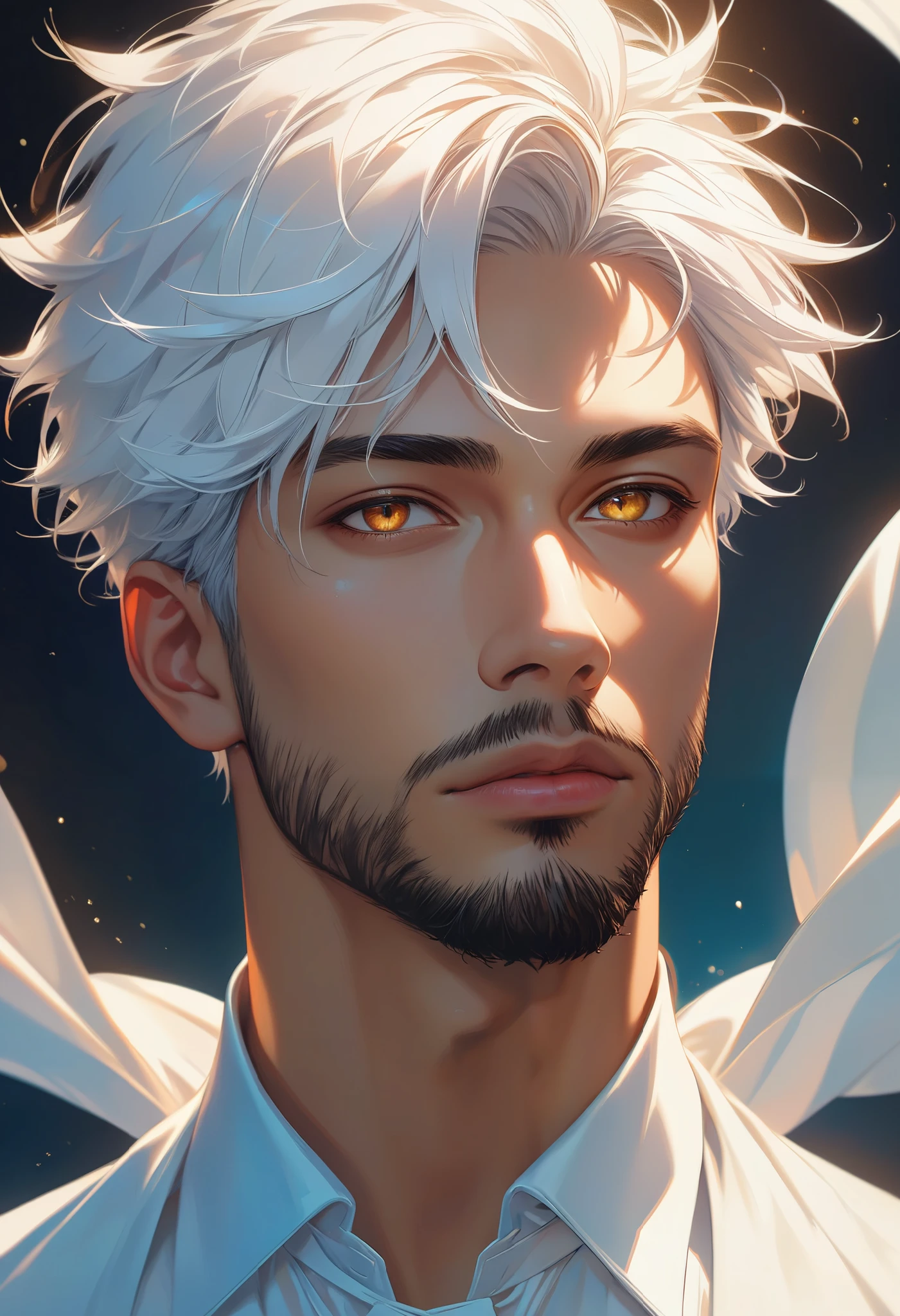 ultra detailed, absolutely resolution, masterpiece, highly detailed, sharp focus, vivid colors, soft lighting, cinematic composition, close-up of a tanned, handsome, cool man, stylishly dressed, short white hair, short beard, sharp gaze, extremely delicate depiction, extremely clear image, 2.5D, artistic photography, hyper realistic