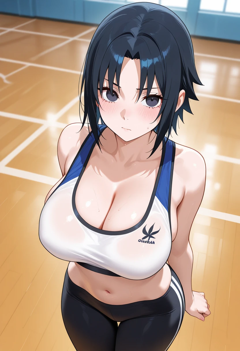 (acrobatic jump, floating hair, broad shoulders, little biceps, long belly, showing off, upper body view), wrestling arena with audience, (totally naked, totally naked, jeans with belt, nipples), ((thick arm)), , wrestling arena with audience, anime style, cute , beautiful , nice body, soft body, (hinata\(boruto\), (slender body), mature woman , big breasts, broad shoulders, off-shoulders, (totally naked, nipples, mile, closed mouth, pale skin, , smile, (dark blue hair color:1.1), wavy hair, floating hair, ((very short hair, hime cut، loose hair), big breasts, (perfect eyes, white sciera, bright eyes, white eyes, anime eyes)