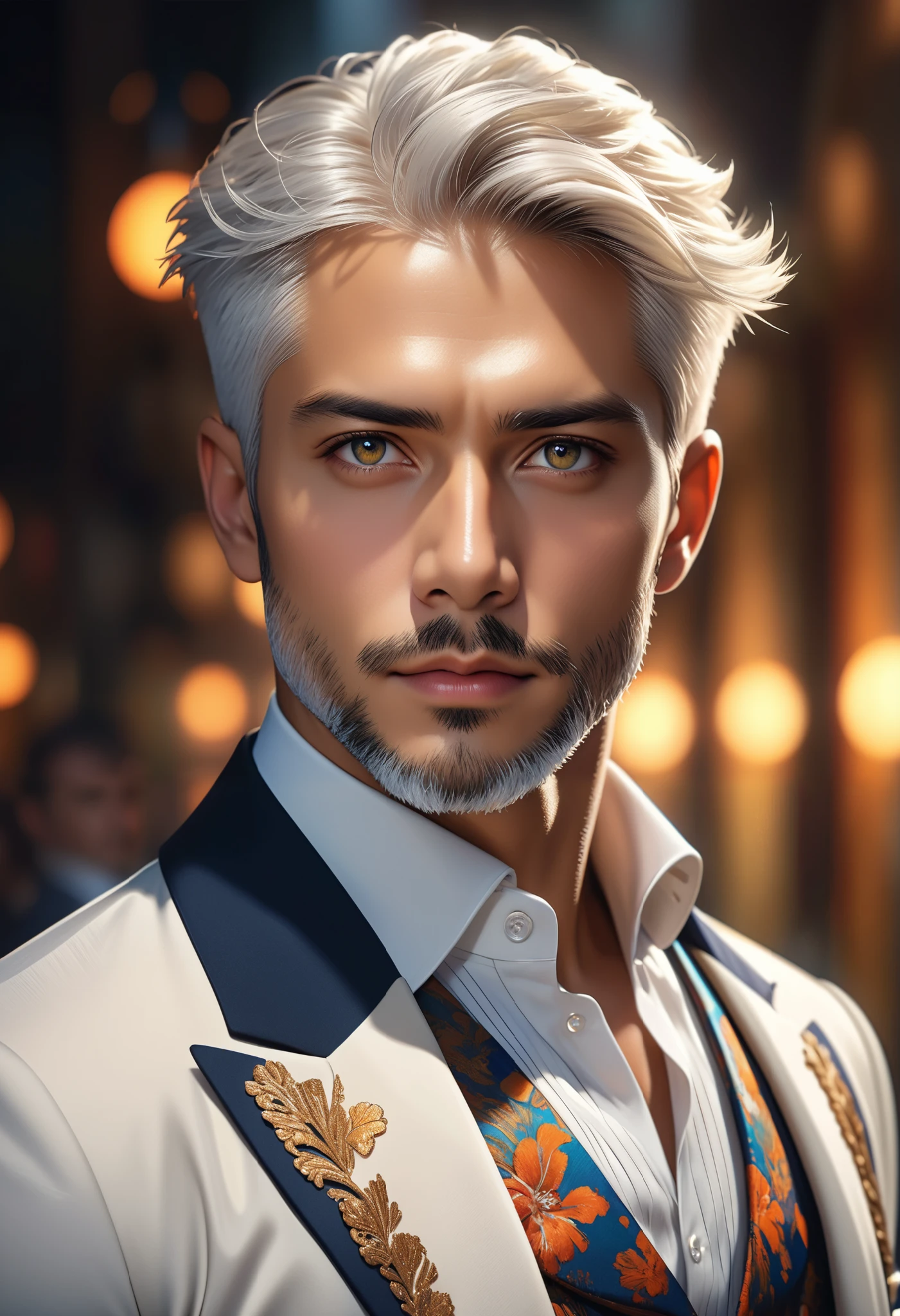 ultra detailed, absolutely resolution, masterpiece, highly detailed, sharp focus, vivid colors, soft lighting, cinematic composition, close-up of a tanned, handsome, cool man, stylishly dressed, short white hair, short beard, sharp gaze, extremely delicate depiction, extremely clear image, 2.5D, artistic photography, hyper realistic