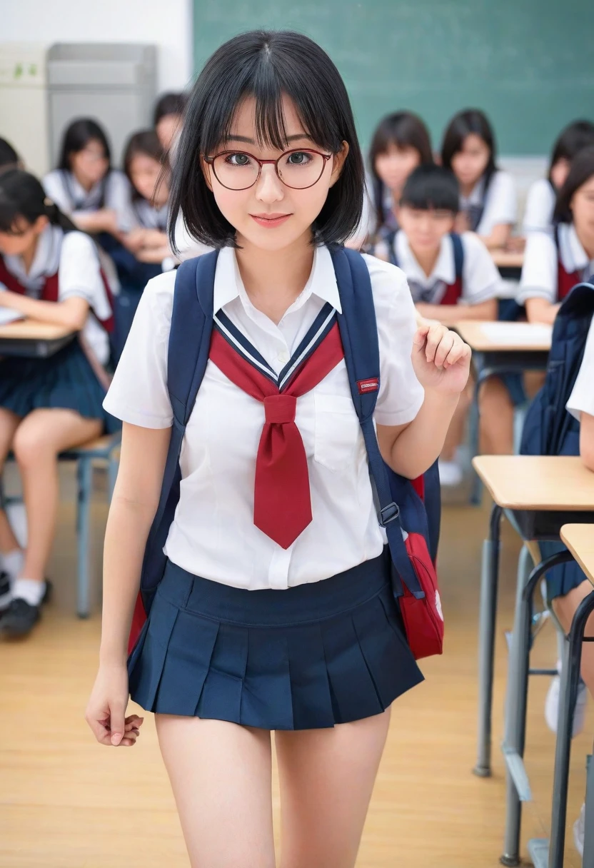 Blurry, Blurred background, Blurred foreground, Depth of field, 1 girl, Photo (medium), Watching viewer, 18 years old, classroom, ribbon, school chair, solo, surprisingly small, full body, glasses, glaring, angry, alone, red bow, uniform, 3d, asian, lips, motion blur, standing, viewer, shirt, indoors, white shirt, short hair, ribbon tie, blackboard, bangs, black hair
