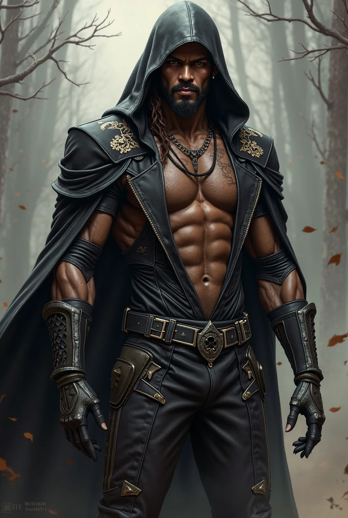 do Wesley Snipes, wearing dark clothes and a hood, appears in a combat pose. He carries two swords on his back, one silver and one steel, typical of Cat School wizards. His costume is detailed with feline symbols and ornaments., and he wears light armor, designed for agility and stealth. The background is a dark forest., with a mysterious and magical atmosphere, full of tall trees and dense mists. Wesley Snipes' expression is serious and determined, with piercing eyes, reflecting the intensity and experience of a veteran wizard