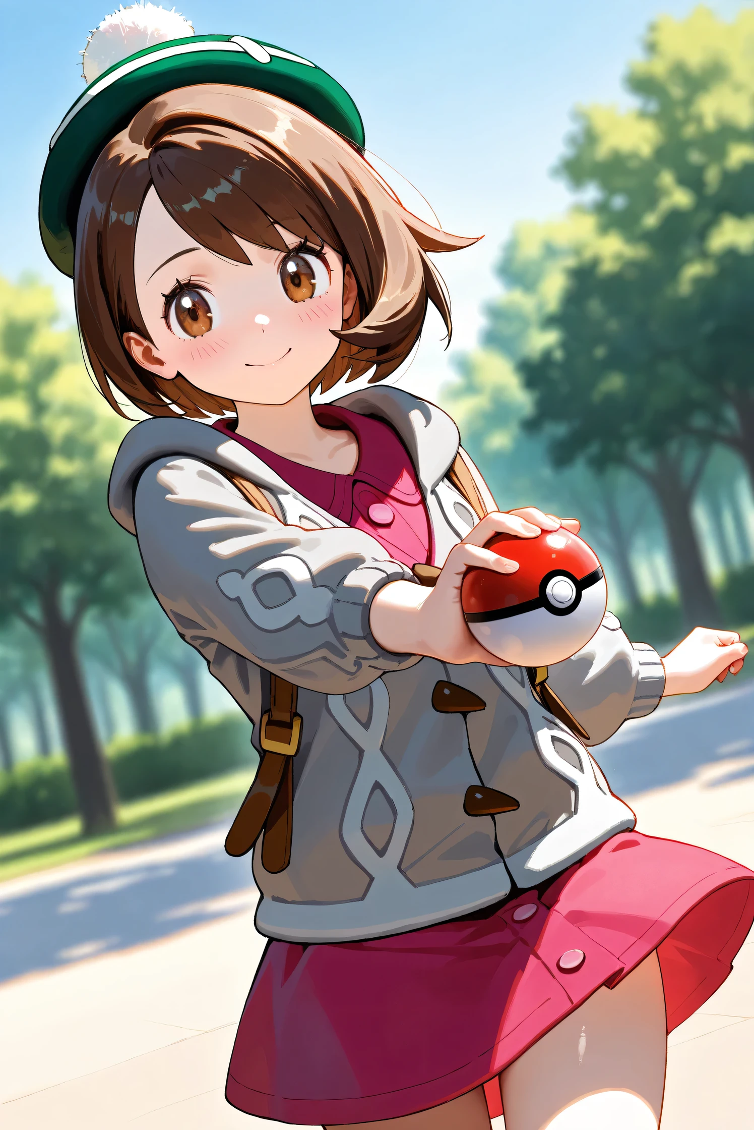 (Masterpiece), (Highest quality), (Very detailed),
(The best shape), (Best Shadow), (Absurd),
(Detailed background), (So beautiful), Shiny ,
Beautiful eyes in every detail, Extraordinary, Countershading, 8k, 32K, High resolution,
Very Detailed CG, UHD,
Score_9, Score_8_up, Score_7_up, Source_anime,
(Pastel painting:1.2), (Watercolor painting:1.2),
(Masterpiece, Detailed:1.2), (Foreshortening:1.2),
Cinematic, Dramatic, (Depth of field:1.4),
(Blurry background:1.4), (Realistic background:1.4),
(Foreshortening:1.3),Dynamic angle, dynamic pose,
1 girl,
Outdoor, Nature, Park, Wind, blue sky,
Pokémon,
gloria, gloria (pokemon), short hair, bangs, brown hair, brown eyes, eyelashes, bob cut,
hat, dress, buttons, cardigan, pink dress, green headwear, collared dress, cable knit, grey cardigan, tam o' shanter, hooded cardigan,
Cowboy shot, Focus on face,
(Blush:1.3), smile, happy, joyful,
Shiny skin,
Poké ball, holding a Poké ball,
