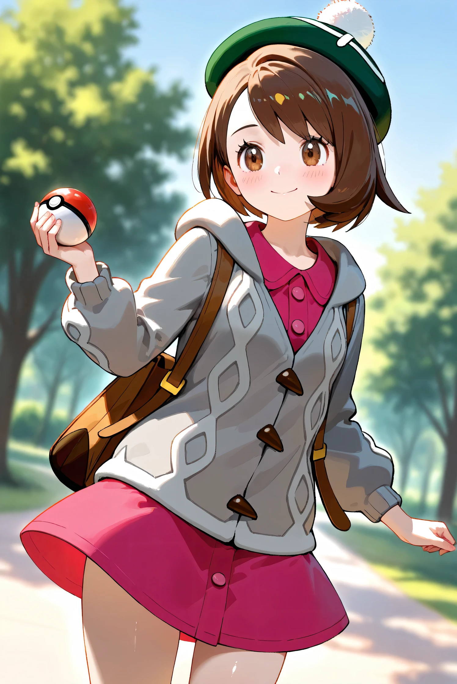 (Masterpiece), (Highest quality), (Very detailed), 
(The best shape), (Best Shadow), (Absurd), 
(Detailed background), (So beautiful), Shiny , 
Beautiful eyes in every detail, Extraordinary, Countershading, 8k, 32K, High resolution, 
Very Detailed CG, UHD,

Score_9, Score_8_up, Score_7_up, Source_anime, 
(Pastel painting:1.2), (Watercolor painting:1.2),
(Masterpiece, Detailed:1.2), (Foreshortening:1.2),

Cinematic, Dramatic, (Depth of field:1.4),
(Blurry background:1.4), (Realistic background:1.4),
(Foreshortening:1.3),Dynamic angle, dynamic pose,
1 girl,
Outdoor, Nature, Park, Wind, blue sky,

Pokémon,
gloria, gloria (pokemon), short hair, bangs, brown hair, brown eyes, eyelashes, bob cut,

hat, dress, buttons, cardigan, pink dress, green headwear, collared dress, cable knit, grey cardigan, tam o' shanter, hooded cardigan,

Cowboy shot, Focus on face,
(Blush:1.3), smile, happy, joyful,
Shiny skin,
Poké ball, holding a Poké ball,
