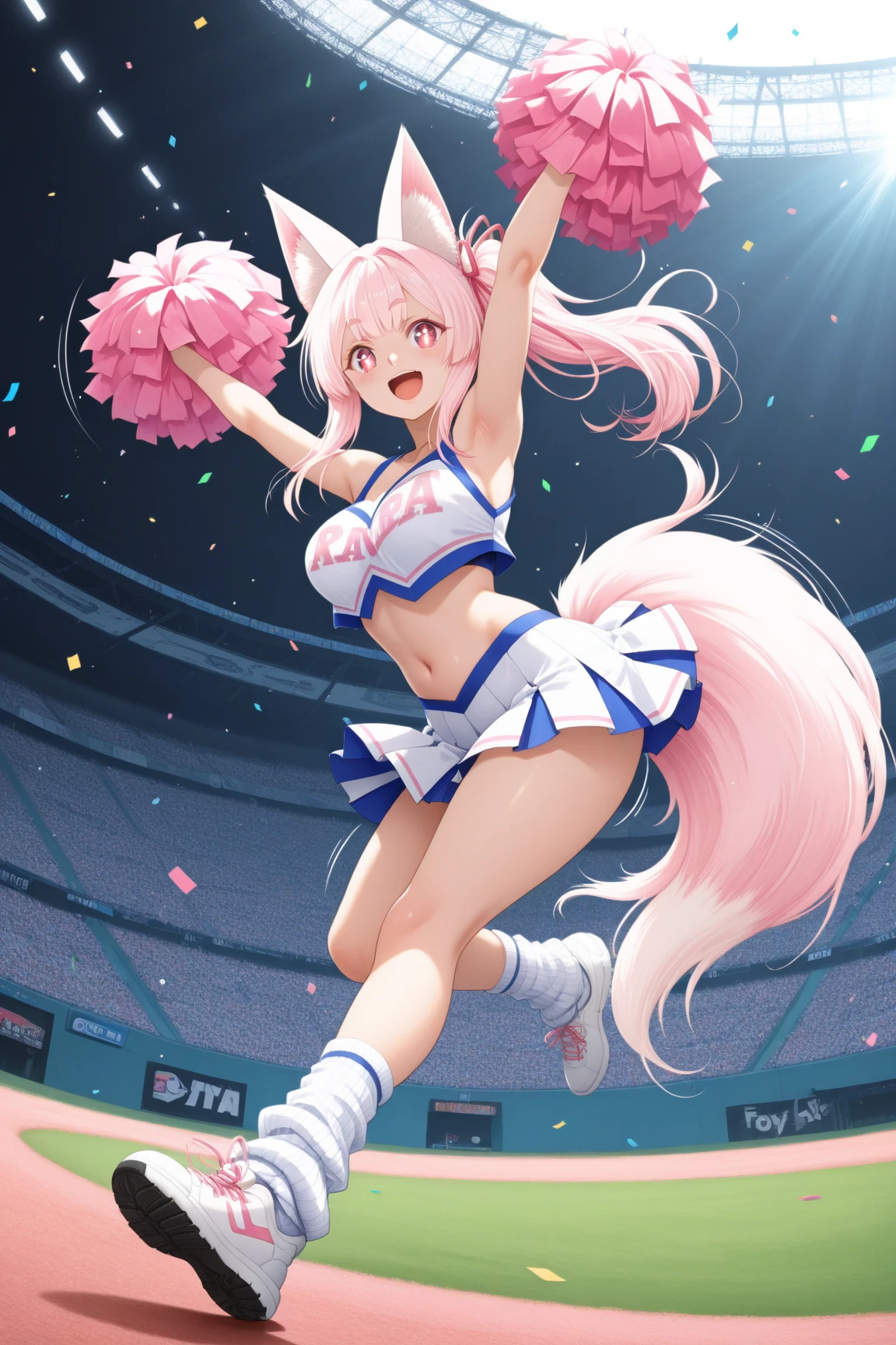 (masterpiece)、(highest quality)、((Super detailed))、(super delicate)、Erotic cute cheerleader、pastel colored hair、Kemonomimi、beautiful breasts、beautiful thighs、Gorgeous、fantastic sky、look up from below、fantastic sea of light