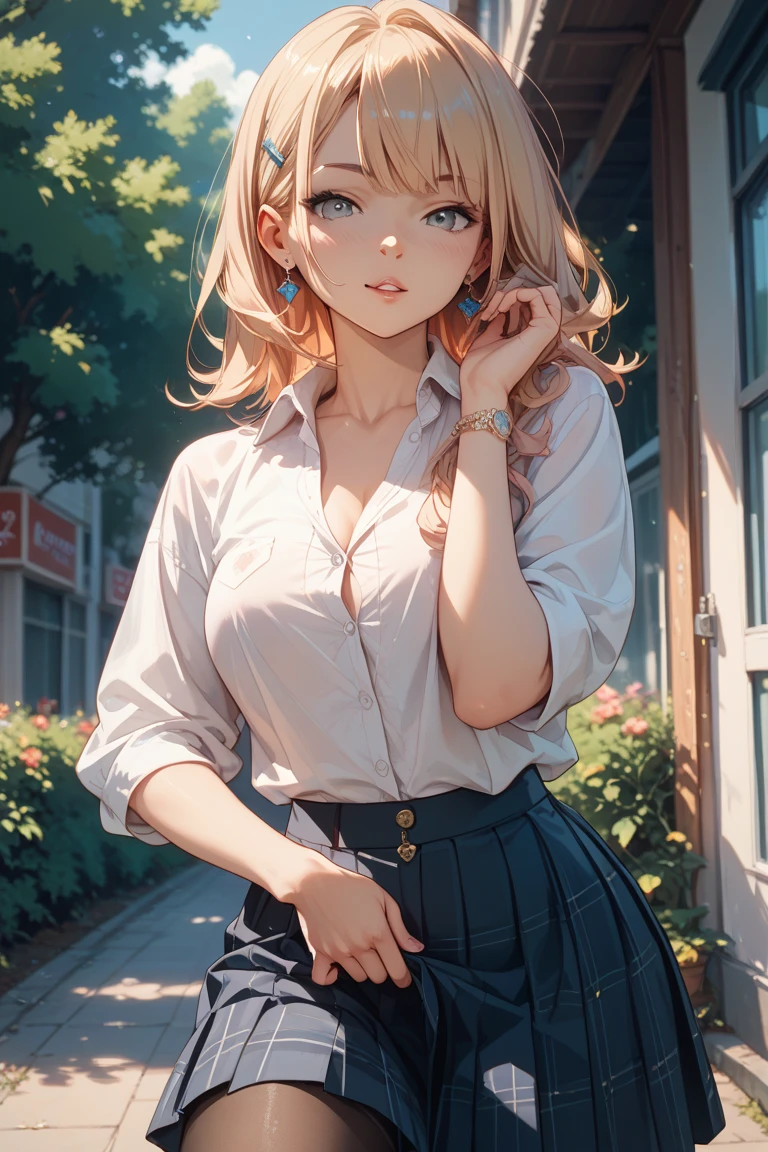 1girl, full body, solo, summer, village, trees, sun, clouds, ((colorful hair)), ponytail, large breasts, button down, blue eyes, ((white shirt)), ((unbuttoned shirt)), unbuttoning buttons, popping buttons, ((short sleeved shirt)), ((light brown west sweeter)), black mini skirt, brown shoes, grin, looking at the viewer, standing, hair ribbon, cleavage, golden necklate