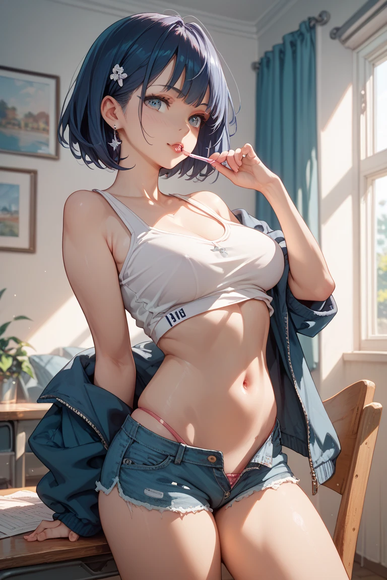 (best quality, 4k, 8k, highres, masterpiece:1.2), blue hair、Shorthair。bobhair。panties are elegant white。The jacket is a fluffy white sweater。Her breasts are big and beautiful.。The top garment is a sweater。Show me your panties。Even more embarrassed, Put your hand inside your panties、Pull your panties down a little to your thighs.。