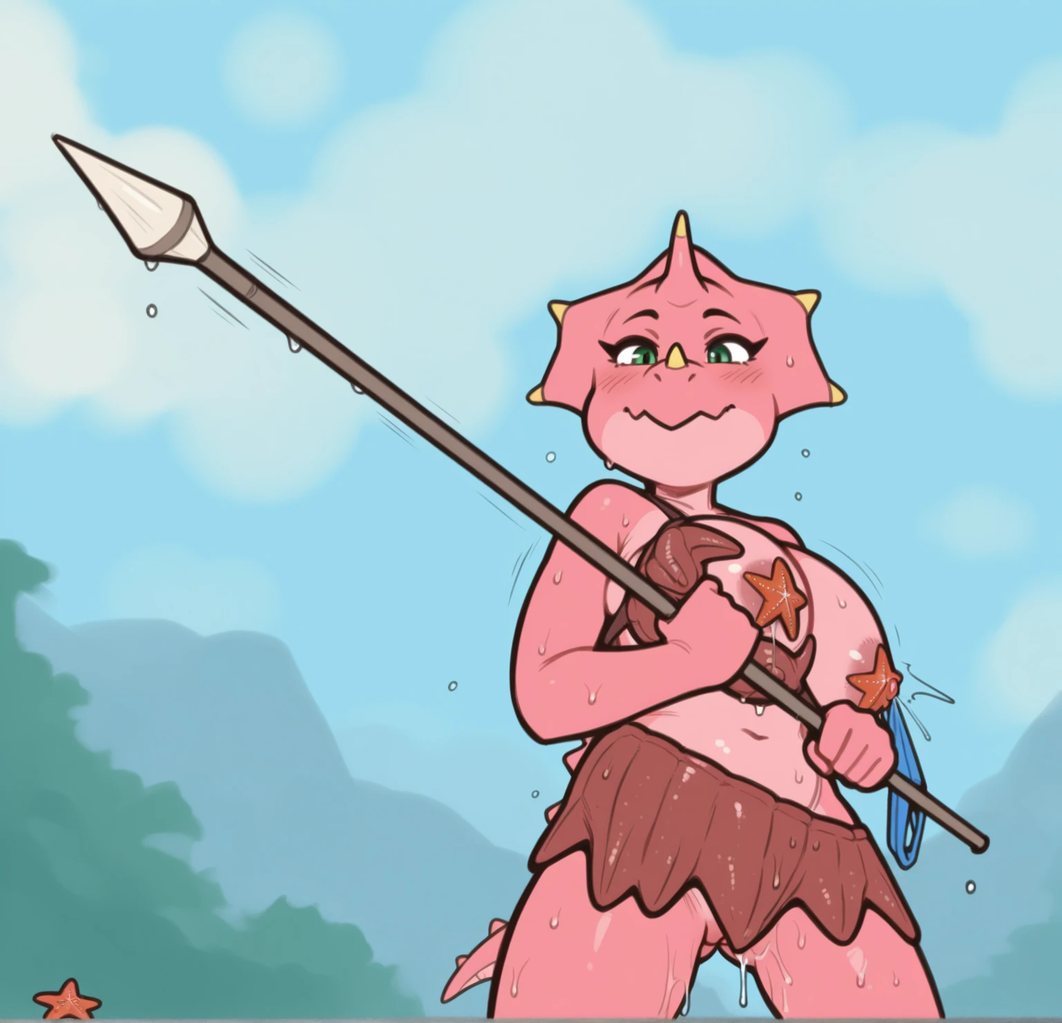 Masterpiece, best quality, beautiful face, dark hair, dark skin, elf ears, naked, holding a sword, behind pov, facing a dragon,