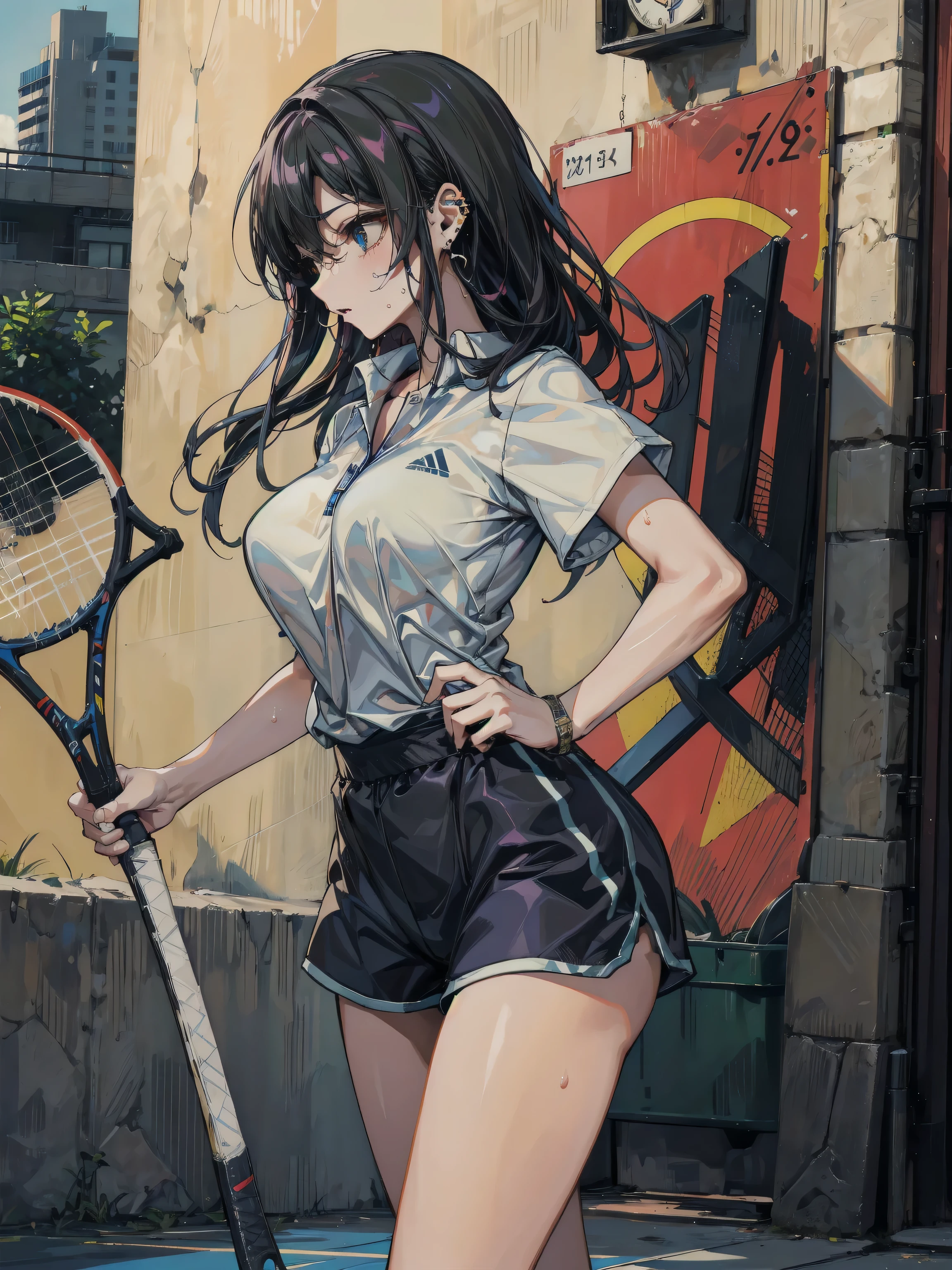 1girll,tennis player,s the perfect face,crisp breasts, Convex buttocks,Tattooed with,White sports short sleeves,Short white pleated skirt,White sport socks,White tennis shoes,Wet hair,High ponytail,body soaking wet,Swing the paddle,tennis court,Sunnyday,Clouds, Detailed background, Clothing details, perfectly proportioned, filmgrain, Fuji colors, lightand shade contrast, tmasterpiece, high detal, high qulity, A high resolution, Cinematic lighting, 8K, Textured skin, Super detail