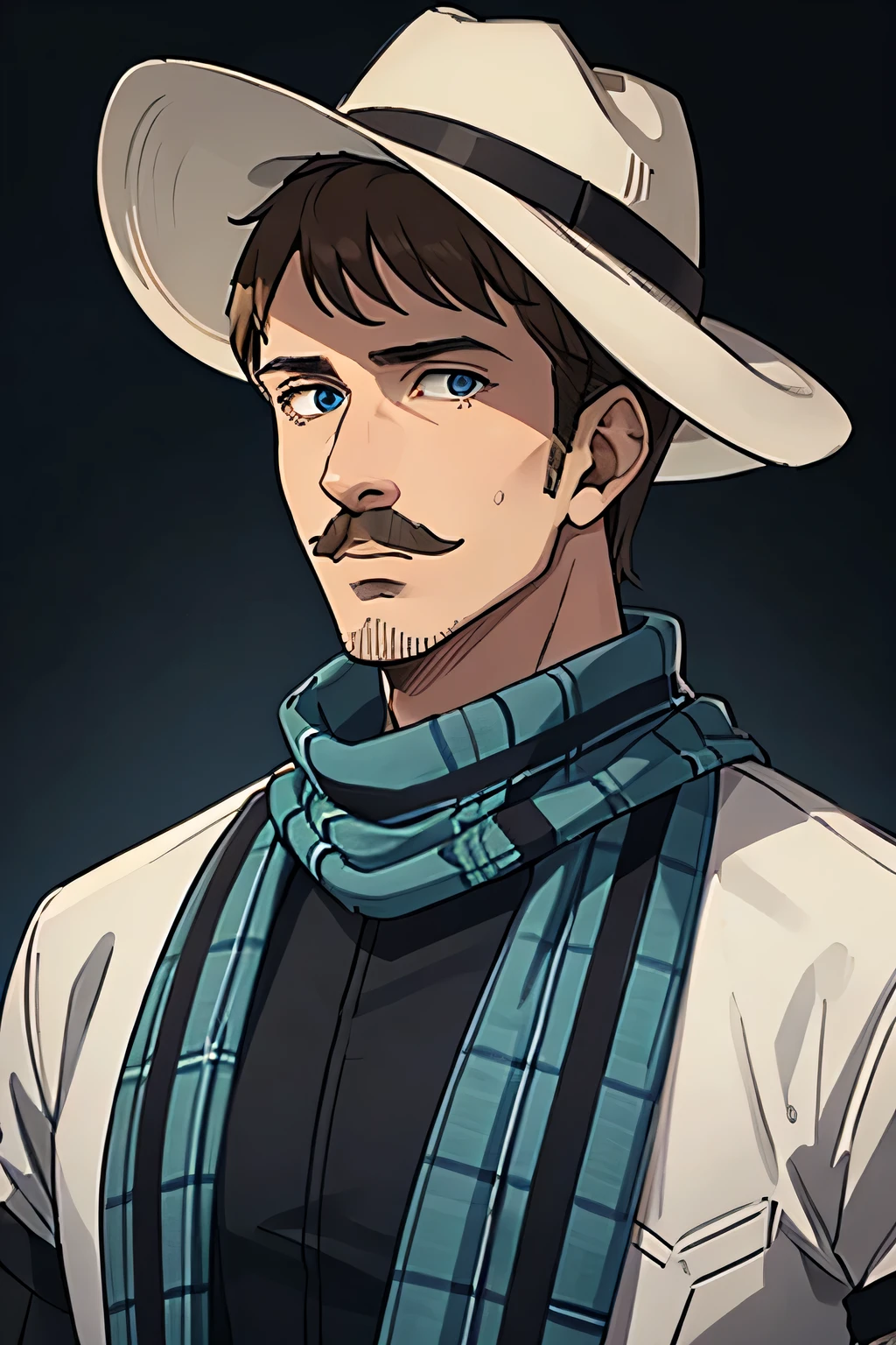 30 year old man , Amerika, koboi, kriminal, wearing a cowboy hat , wears scarf around neck, wears a bandana around the neck, wears black and white flannel shirt, wears black levis, blue eye color , brown hair, brown moustache, front facing , half body , hd