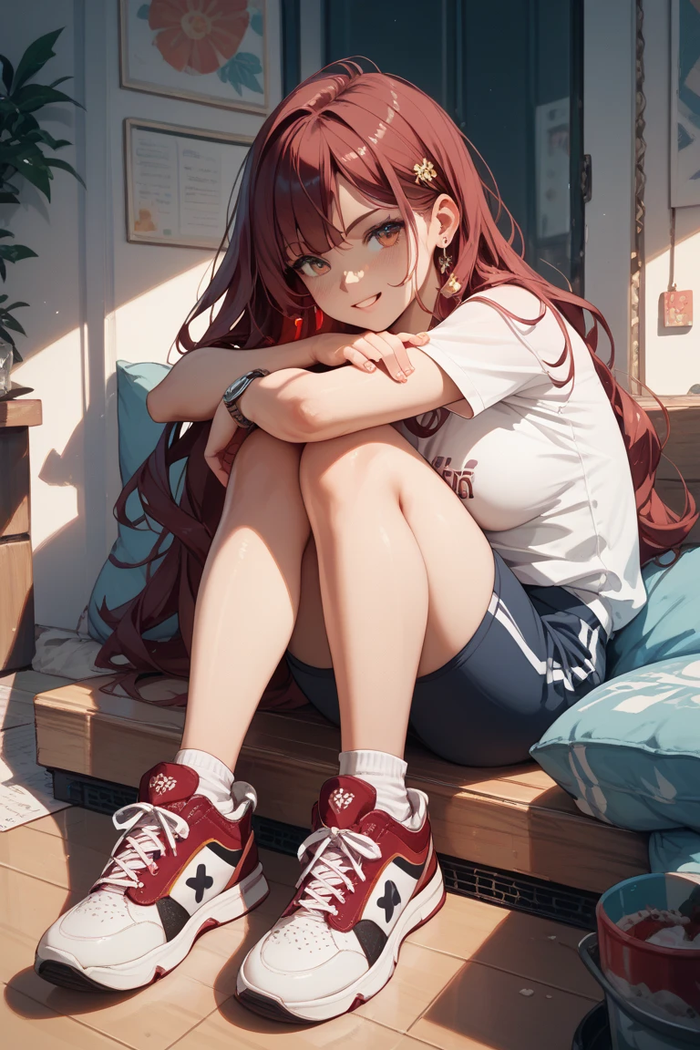 A 20-year-old girl with brown hair braided in two bun, which turn into ponytails and one red strand on the bangs. Green tired eyes and pale skin. She is dressed in a white bodysuit and a brown sweater that slightly overlaps the white close-fitting shorts, with red sneakers on her feet.