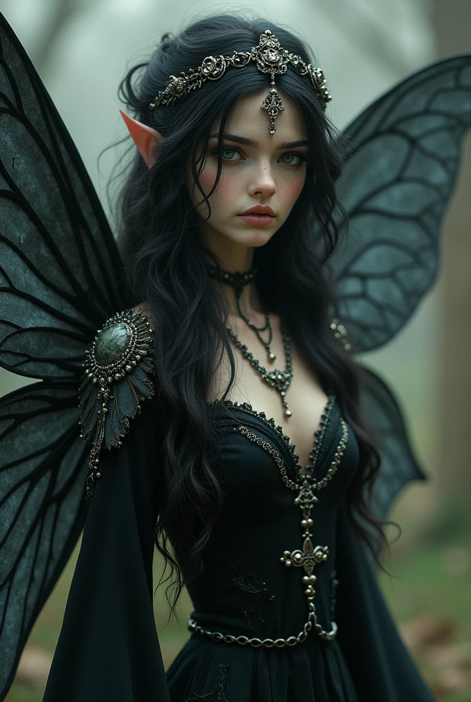 A beautiful young dark elf, with long straight black hair with bangs, pale silky skin, beautiful eyes, full breasts, full lips, wearing gothic earrings, a tiara of thorns and black flowers on her head, with two bat wings behind her head, wearing a beautiful low-cut black silk dress, with bouquets of funeral flowers on both sides and, in the background, bats fly around and under her head, beautiful hyper-realistic succubu elf, elf adorned with bat and flowers photorealistic, beautiful elf of black forest with intricate details.