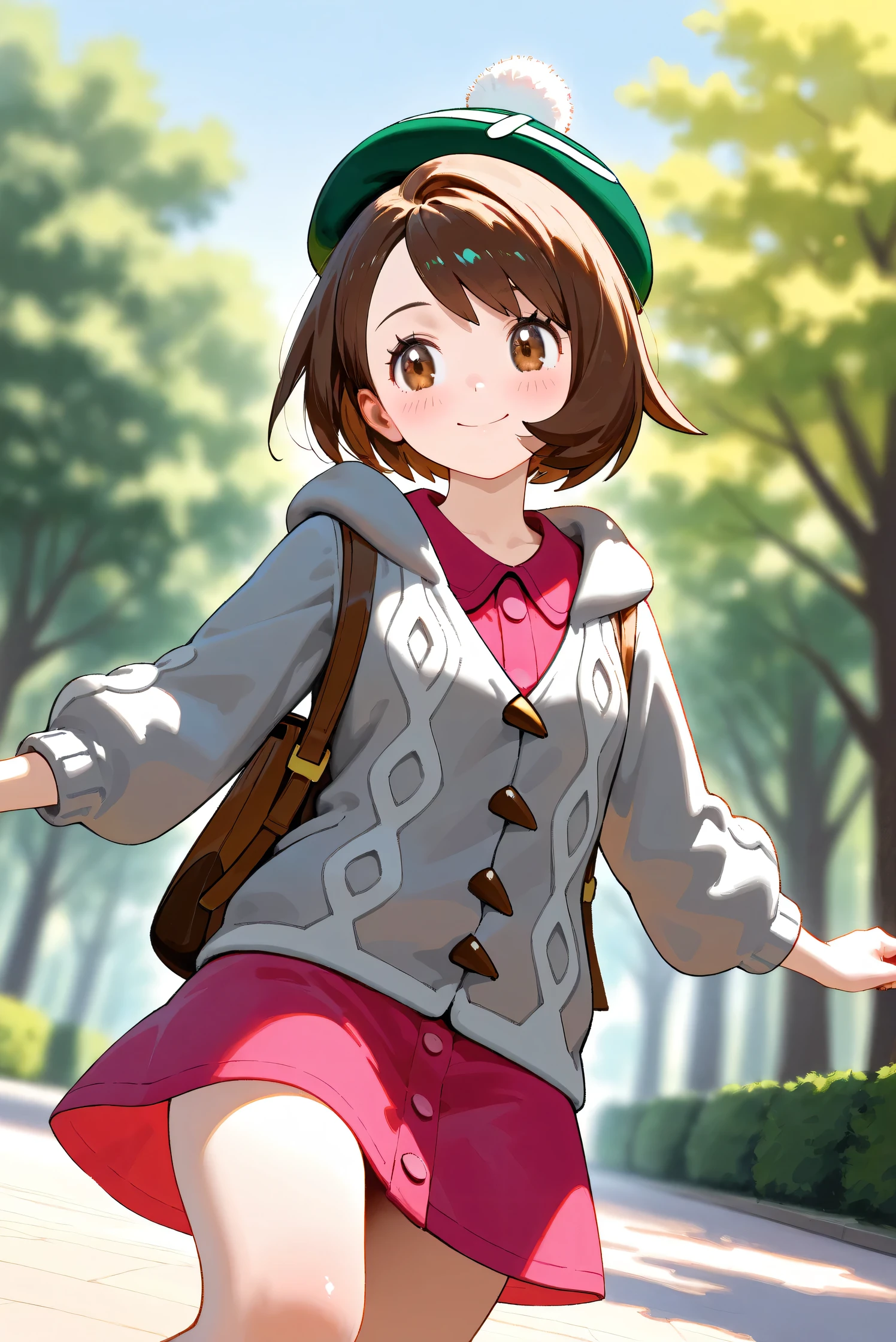 (Masterpiece), (Highest quality), (Very detailed),
(The best shape), (Best Shadow), (Absurd),
(Detailed background), (So beautiful), Shiny ,
Beautiful eyes in every detail, Extraordinary, Countershading, 8k, 32K, High resolution,
Very Detailed CG, UHD,
Score_9, Score_8_up, Score_7_up, Source_anime,
(Pastel painting:1.2), (Watercolor painting:1.2),
(Masterpiece, Detailed:1.2), (Foreshortening:1.2),
Cinematic, Dramatic, (Depth of field:1.4),
(Blurry background:1.4), (Realistic background:1.4),
(Foreshortening:1.3),Dynamic angle, dynamic pose,
1 girl, from below,
Outdoor, Nature, Park, Wind, blue sky,
Pokémon,
gloria, gloria (pokemon), short hair, bangs, brown hair, brown eyes, eyelashes, bob cut,
hat, dress, buttons, cardigan, pink dress, green headwear, collared dress, cable knit, grey cardigan, tam o' shanter, hooded cardigan,
Cowboy shot, Focus on face,
(Blush:1.3), smile, happy, joyful,
Shiny skin,