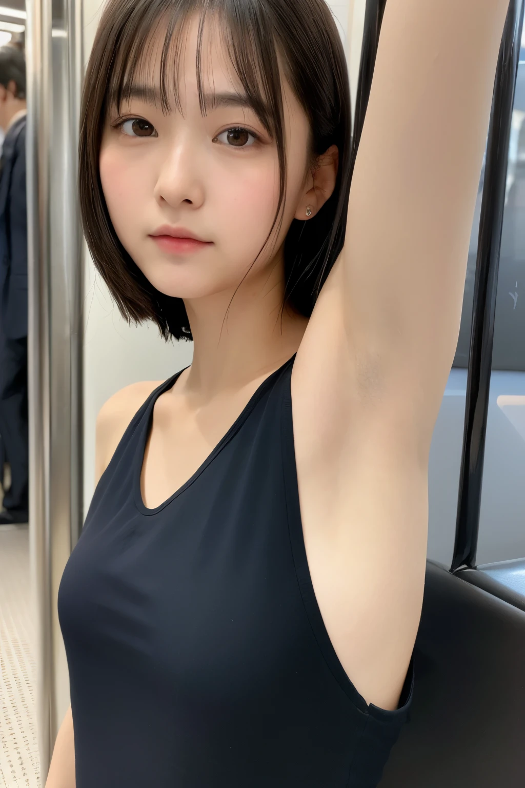 ((top-quality、8K、​masterpiece:1.3))、女の子1人、Slender Abs、sofas、hyperdetailed face、A detailed eye、二重まぶた、straight flat chest、tiny chest、small tits、neat college girl、short-hair、Straight bob hair、前髪のあるshort-hair、A smile、Beautiful girl emphasized slender swimsuit:1.3、a 20 yo woman、
School swimwear、You can see the transparent side